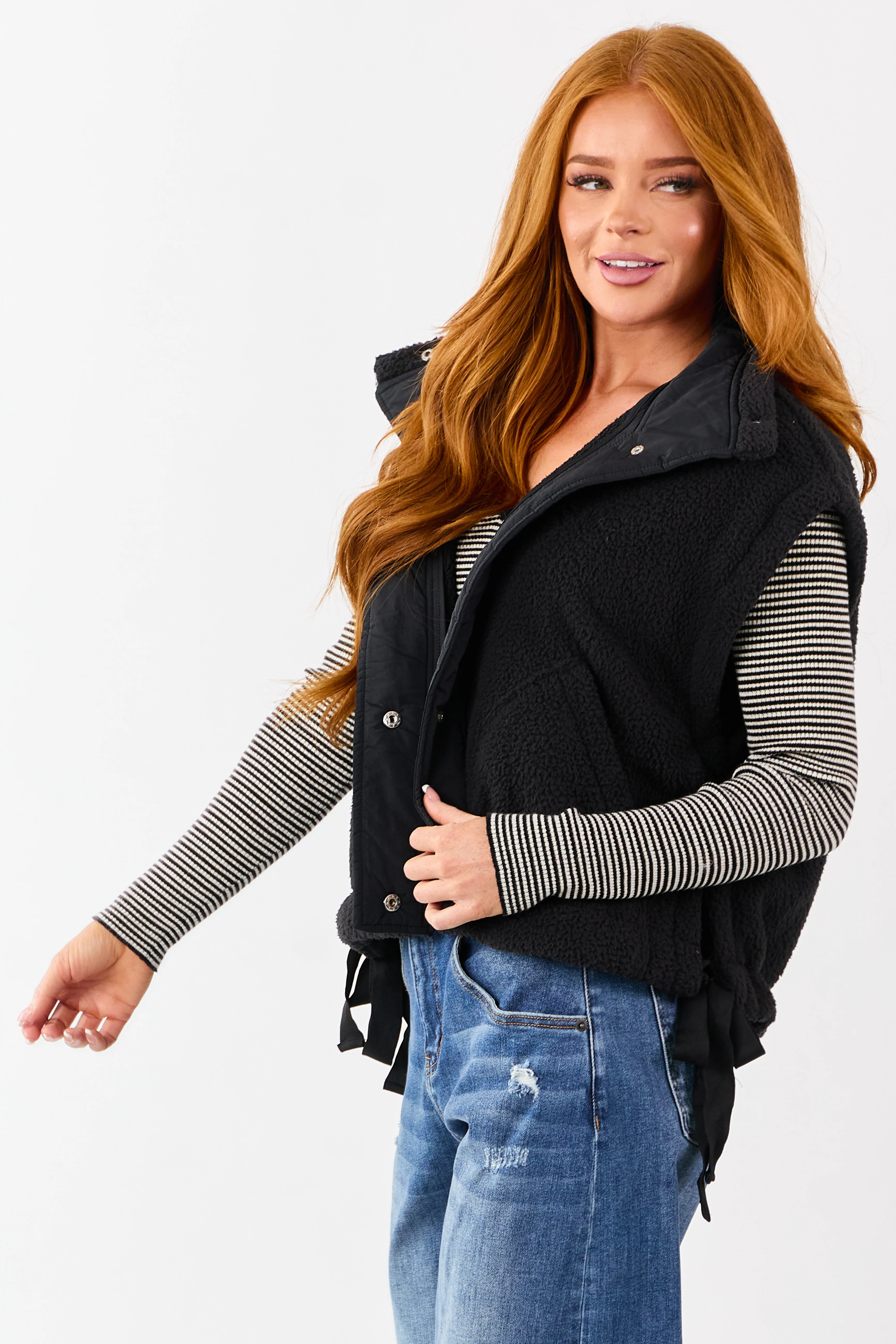 Black Sherpa Button Down Side Tie Vest - Image 4