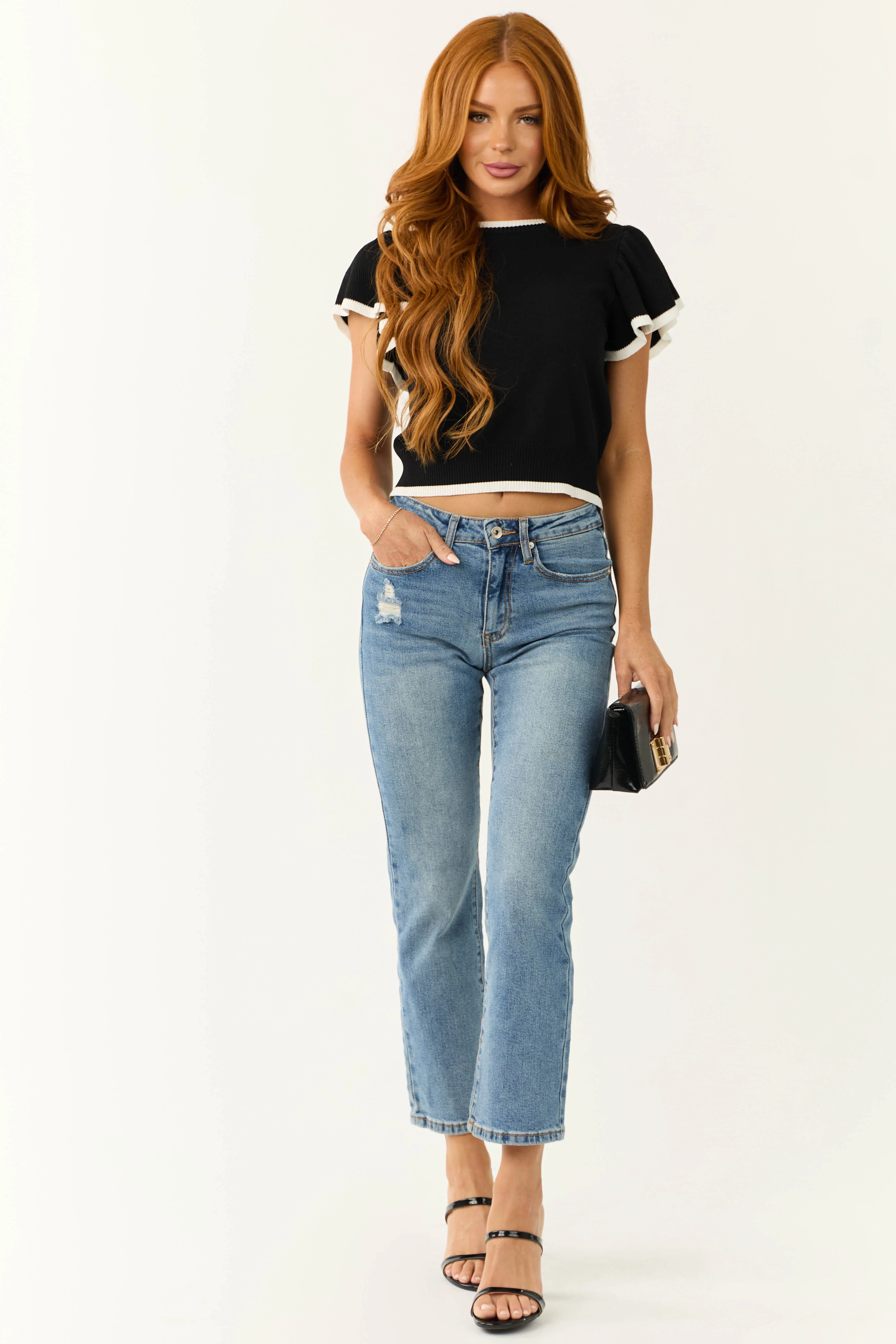 Black Short Ruffle Sleeve Contrast Sweater - Image 3
