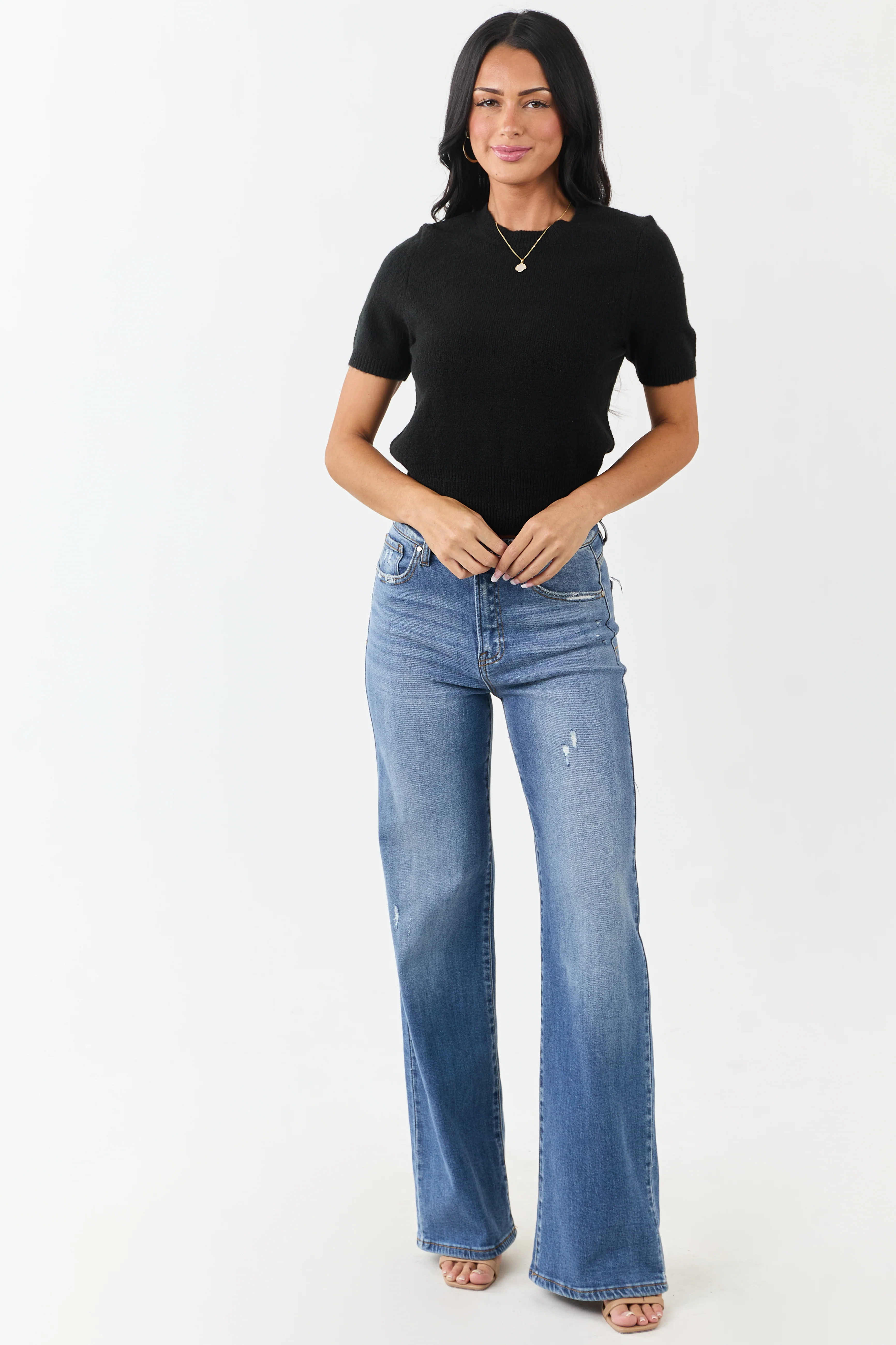 Black Short Sleeve Mid Length Knit Sweater Top - Image 2