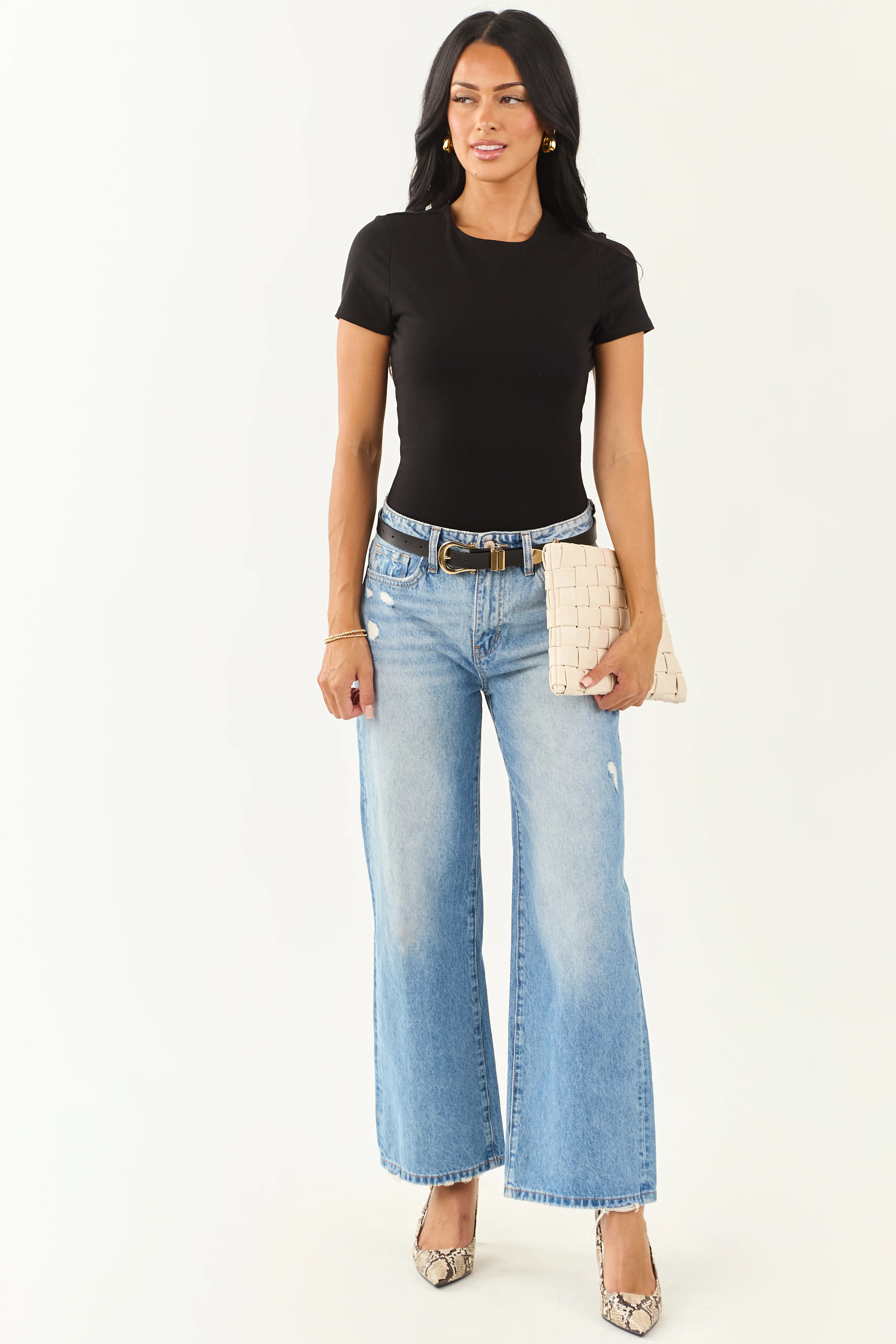 Black Short Sleeve Round Neck Knit Bodysuit - Image 2