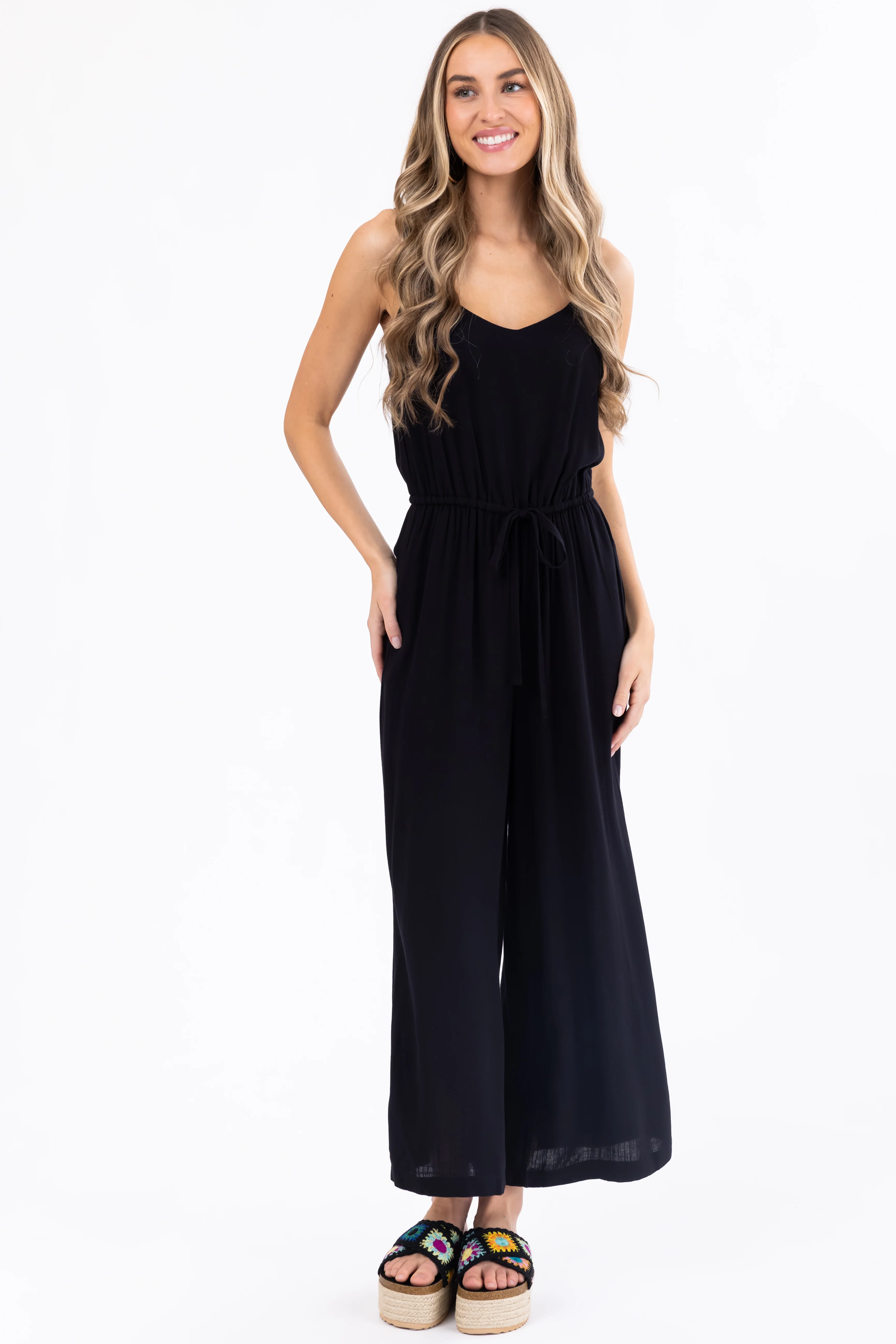 Black Sleeveless Waist Tie Wide Leg Jumpsuit - Image 4