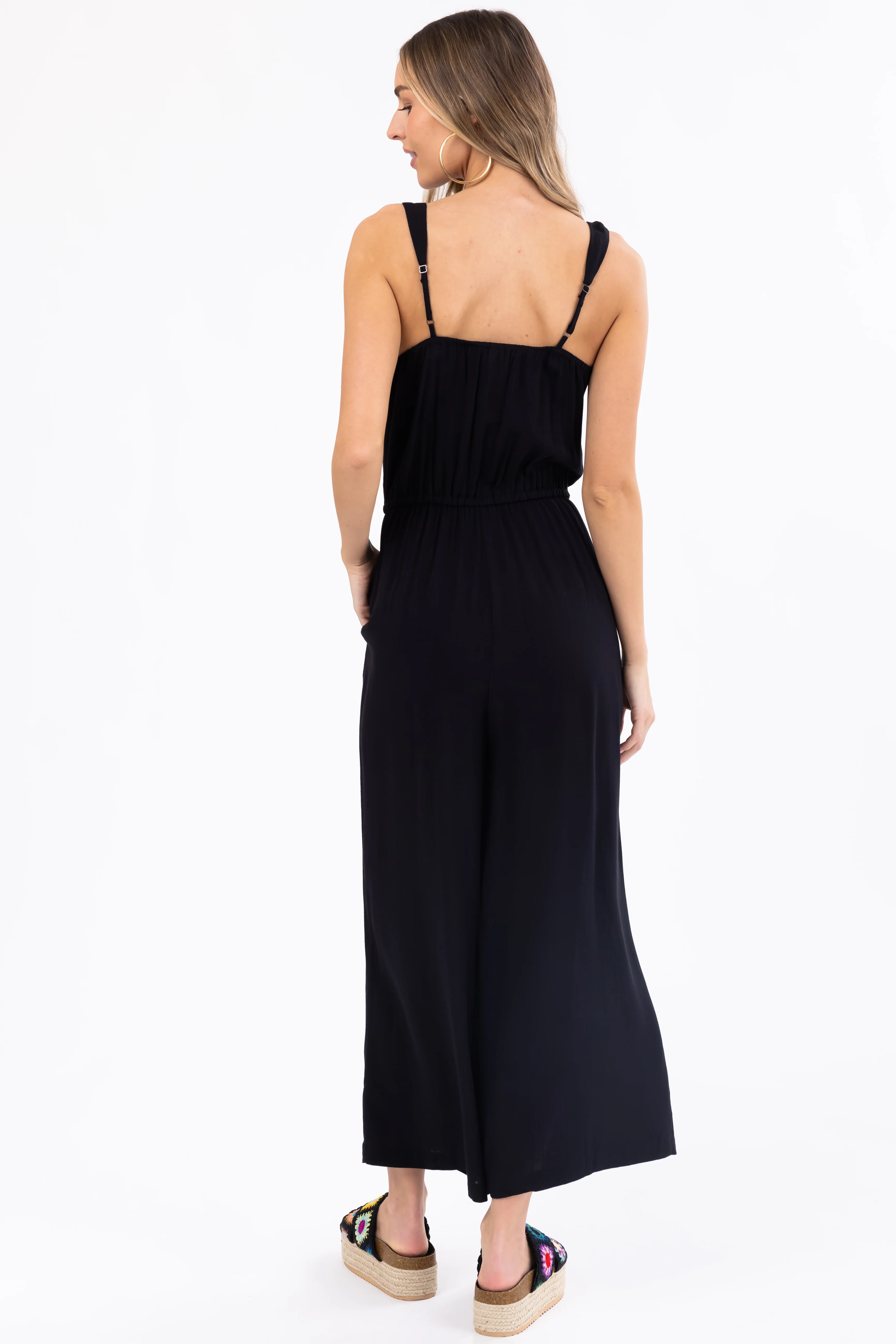 Black Sleeveless Waist Tie Wide Leg Jumpsuit - Image 6