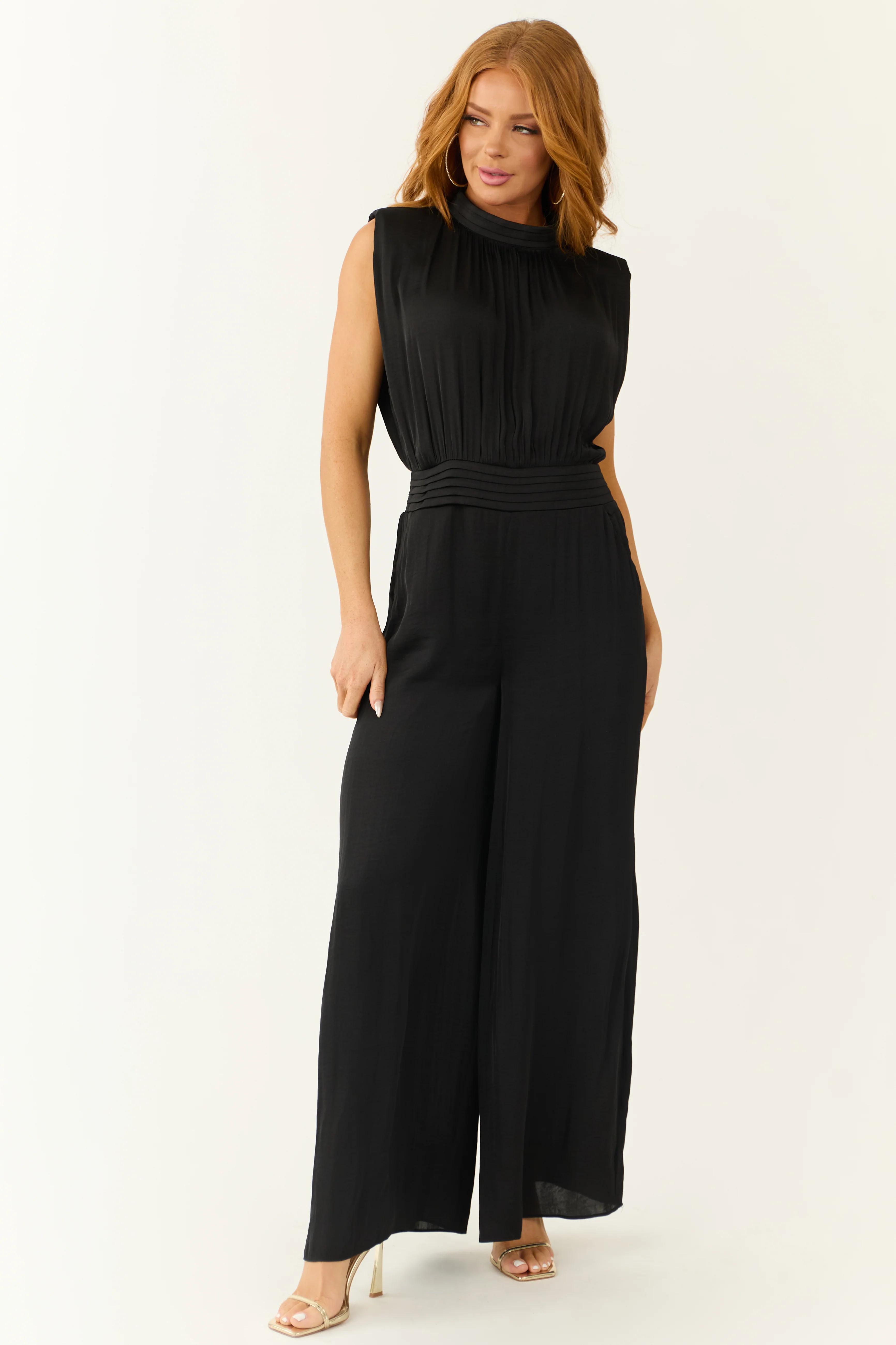 Black Sleeveless Wide Leg Silky Jumpsuit - Image 3