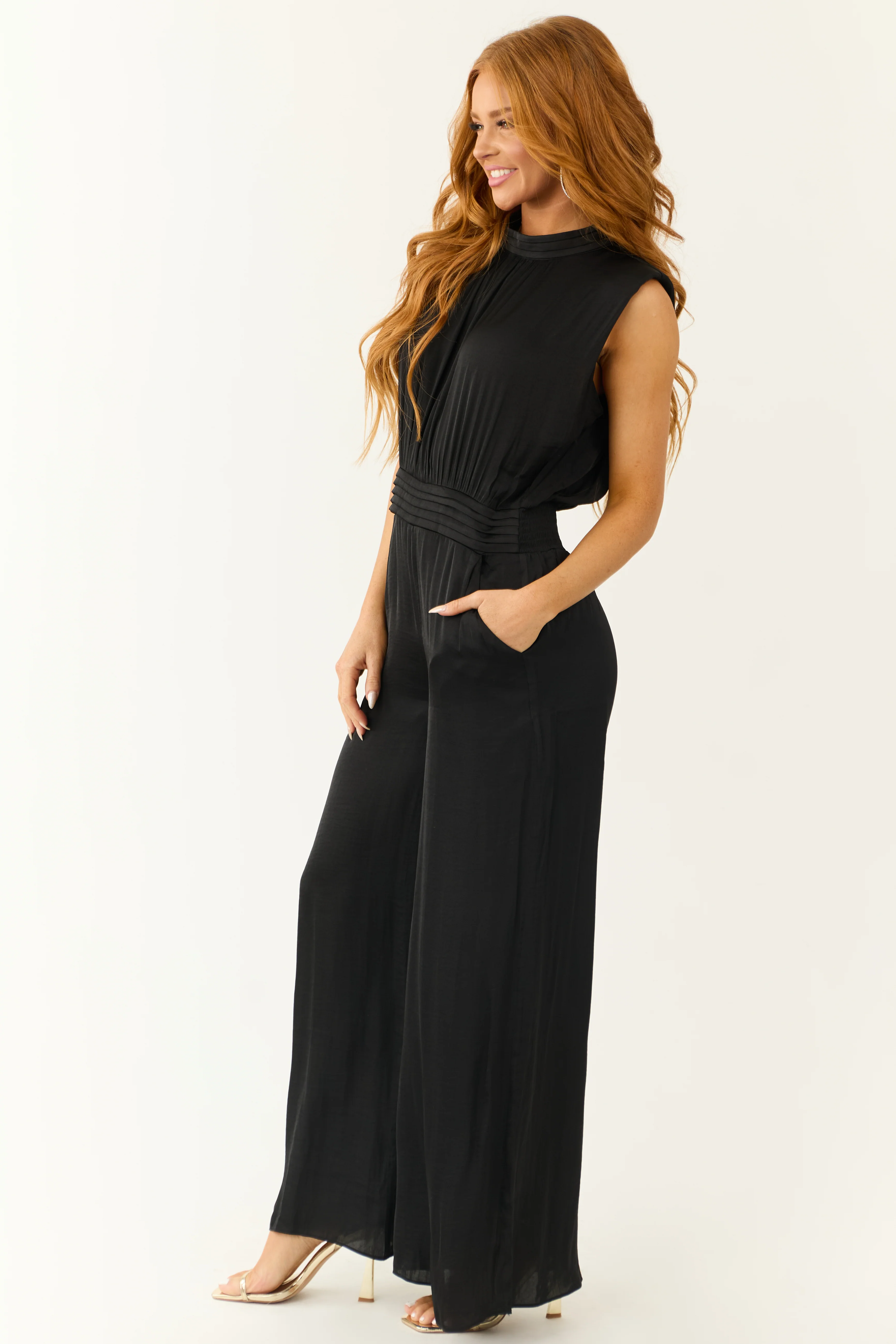 Black Sleeveless Wide Leg Silky Jumpsuit - Image 4