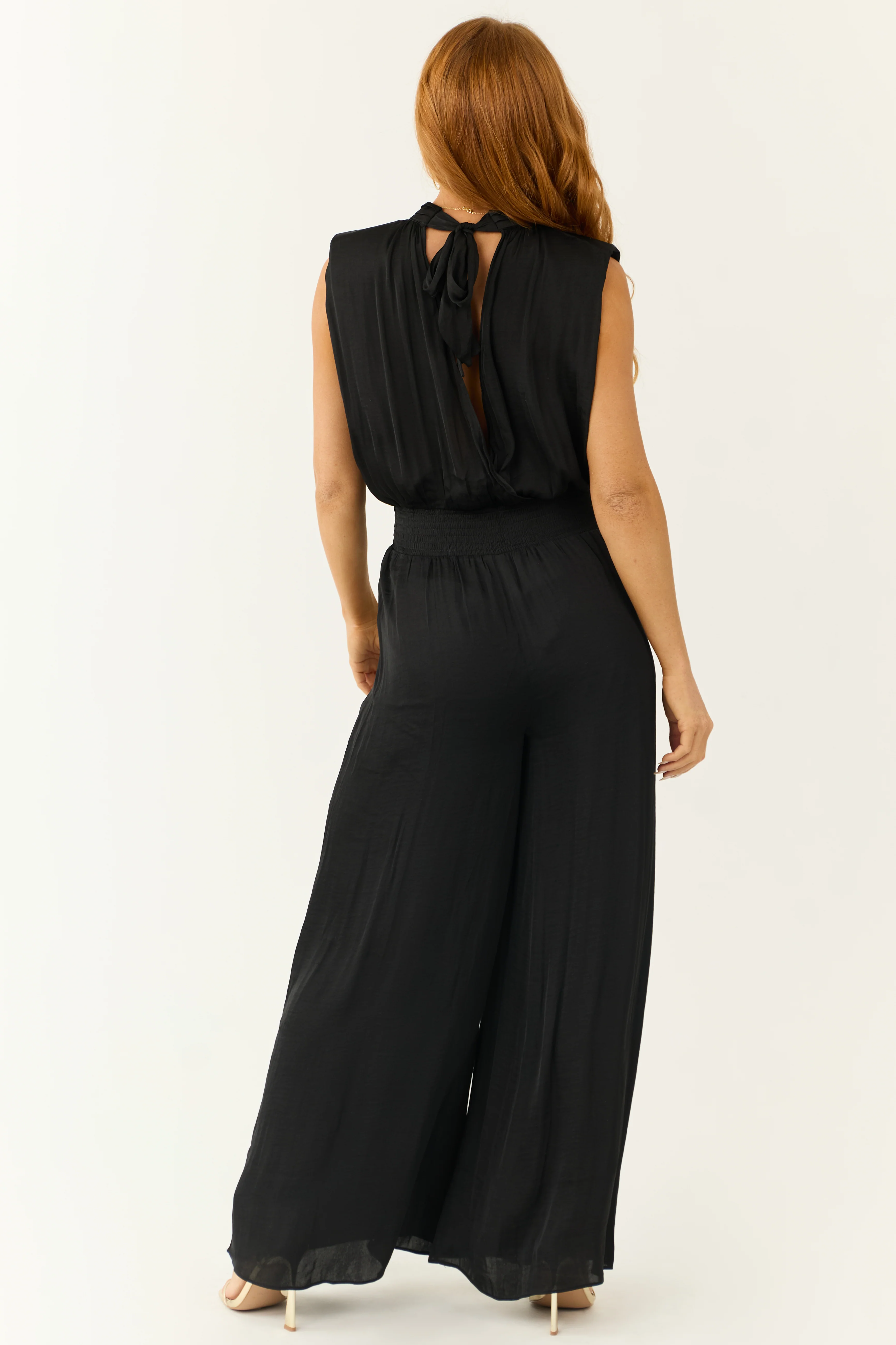 Black Sleeveless Wide Leg Silky Jumpsuit - Image 5