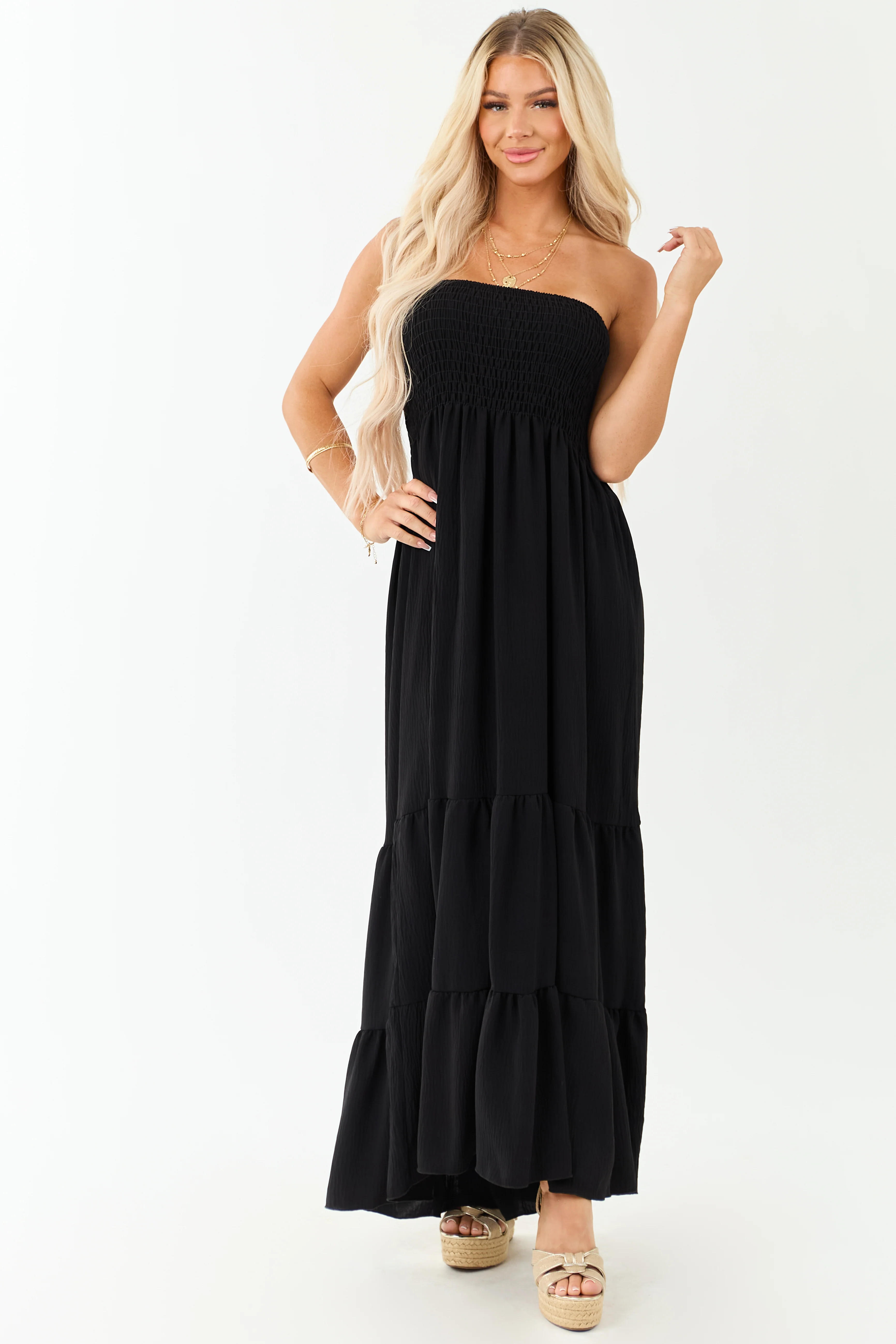 Black Smocked Tiered Strapless Maxi Dress - Image 3