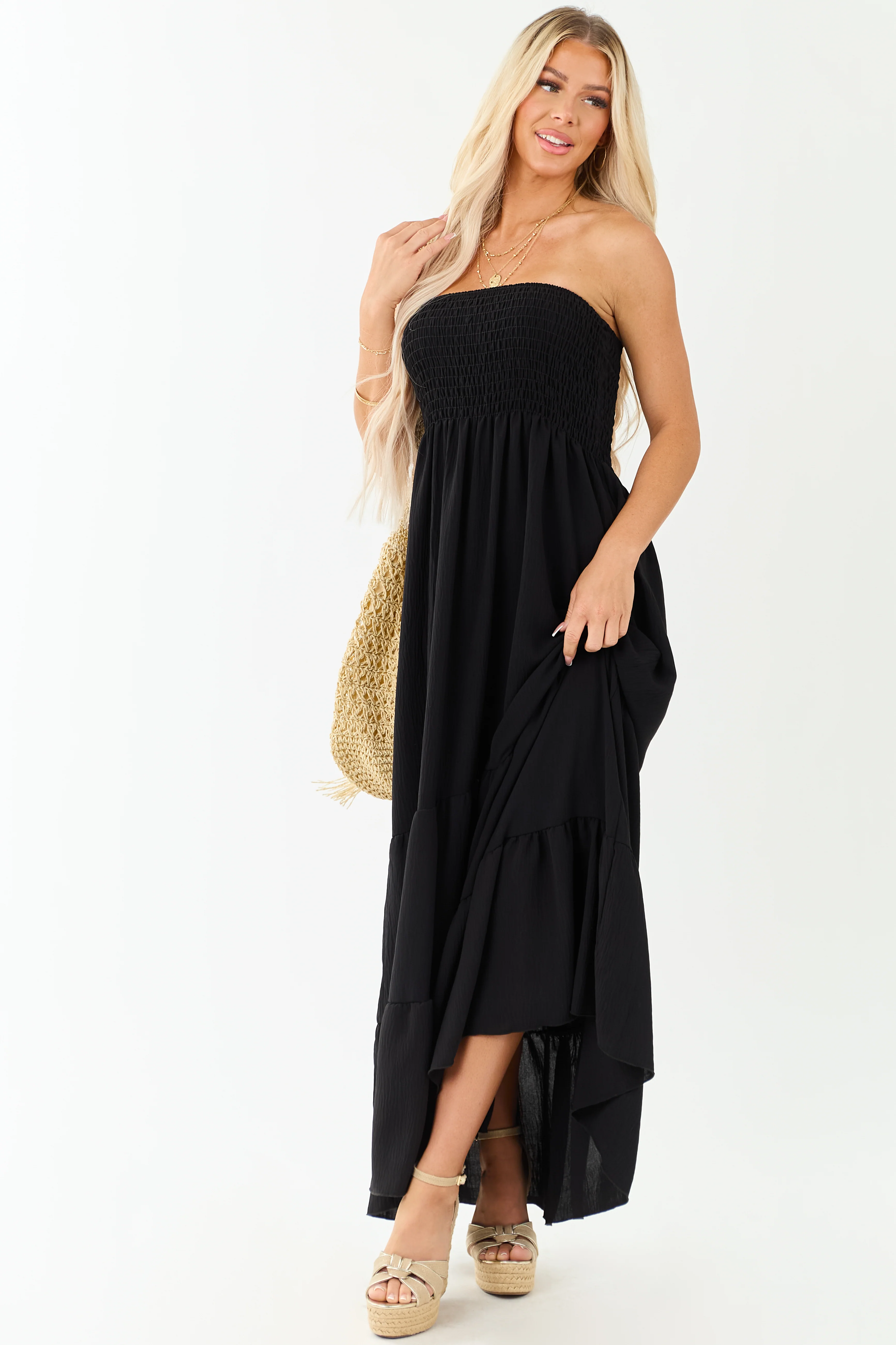 Black Smocked Tiered Strapless Maxi Dress - Image 4
