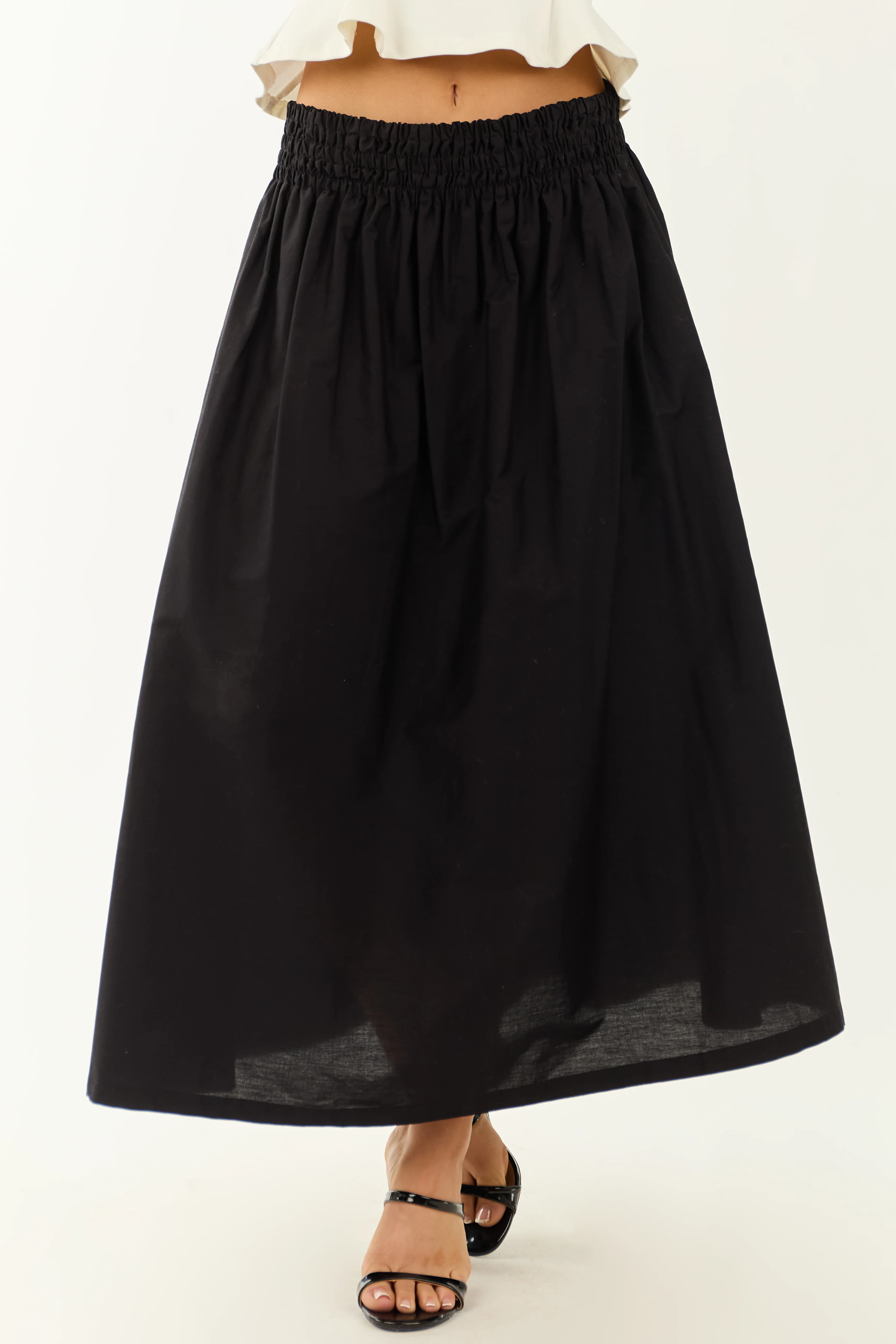 Black Smocked Waist Cotton Midi Skirt - Image 2