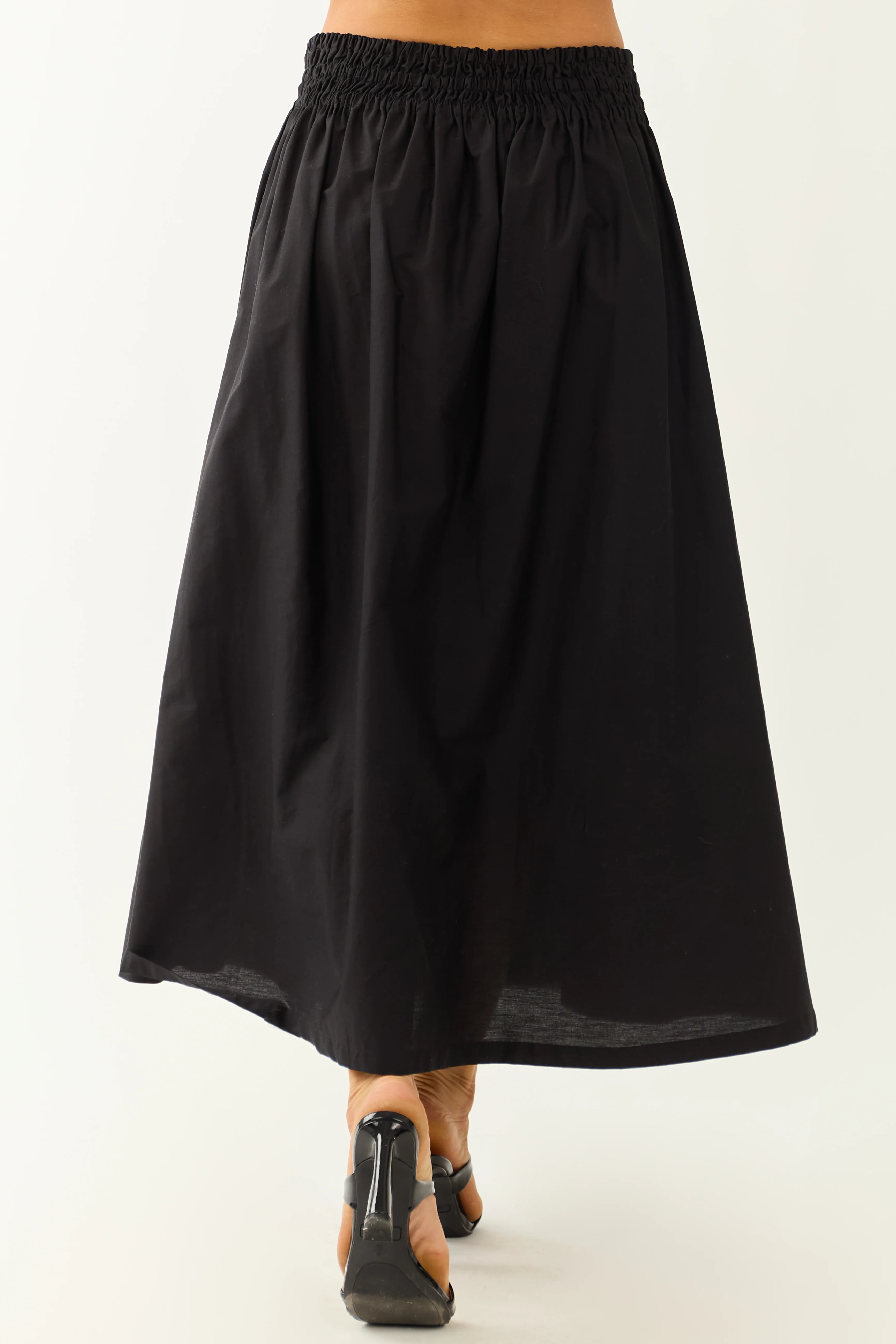 Black Smocked Waist Cotton Midi Skirt - Image 4