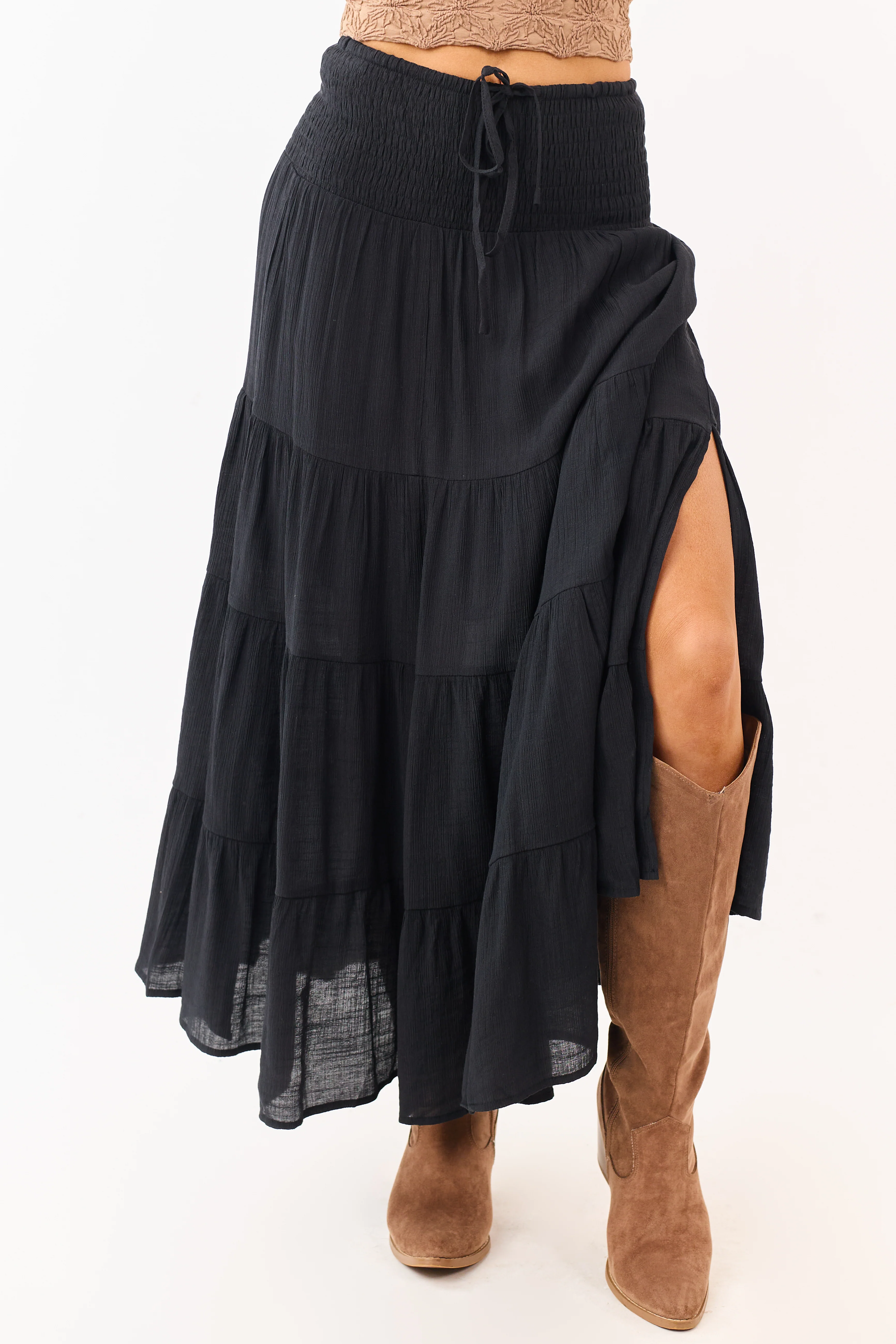 Black Smocked Waist Tiered Flowy Maxi Skirt - Image 2