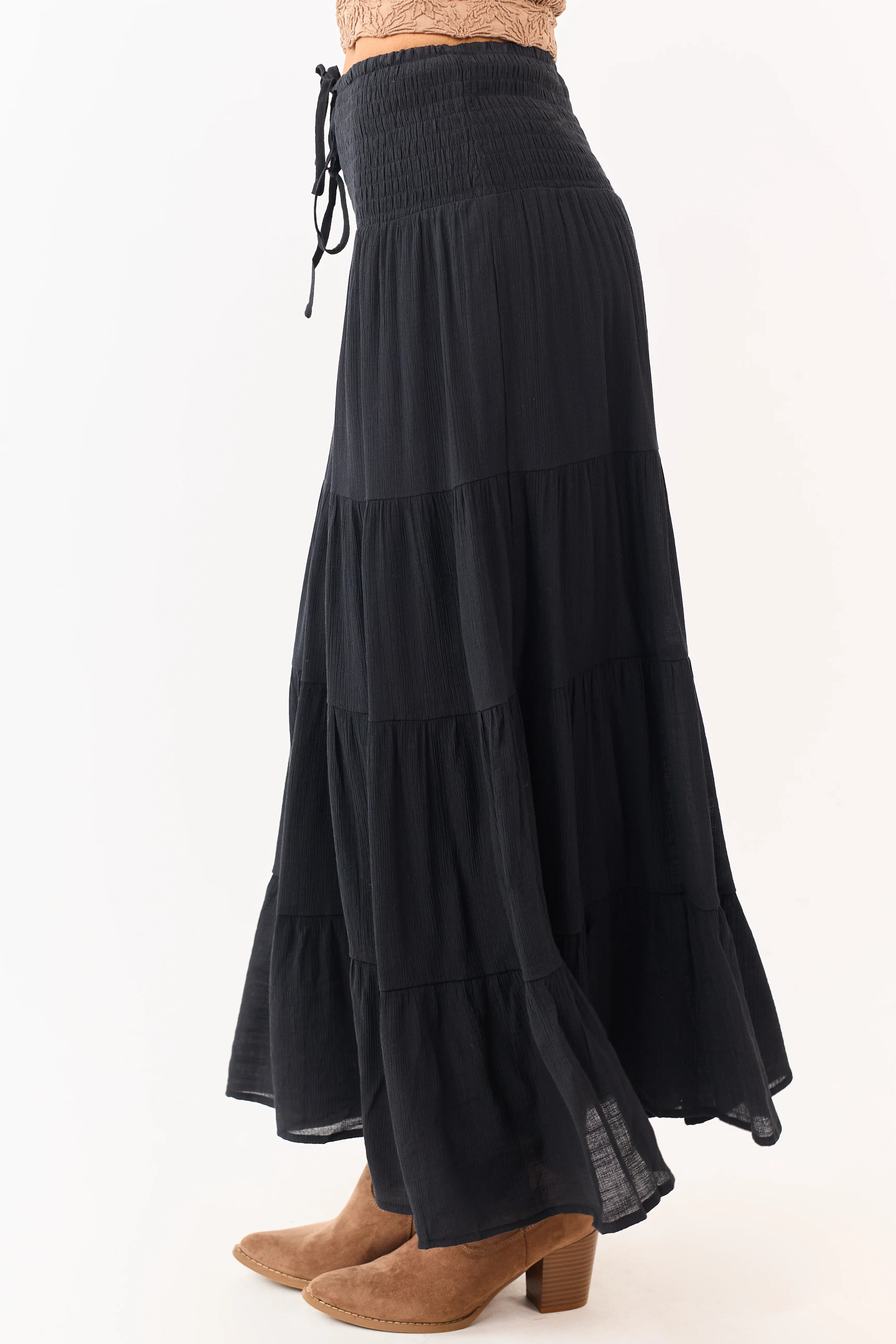 Black Smocked Waist Tiered Flowy Maxi Skirt - Image 3