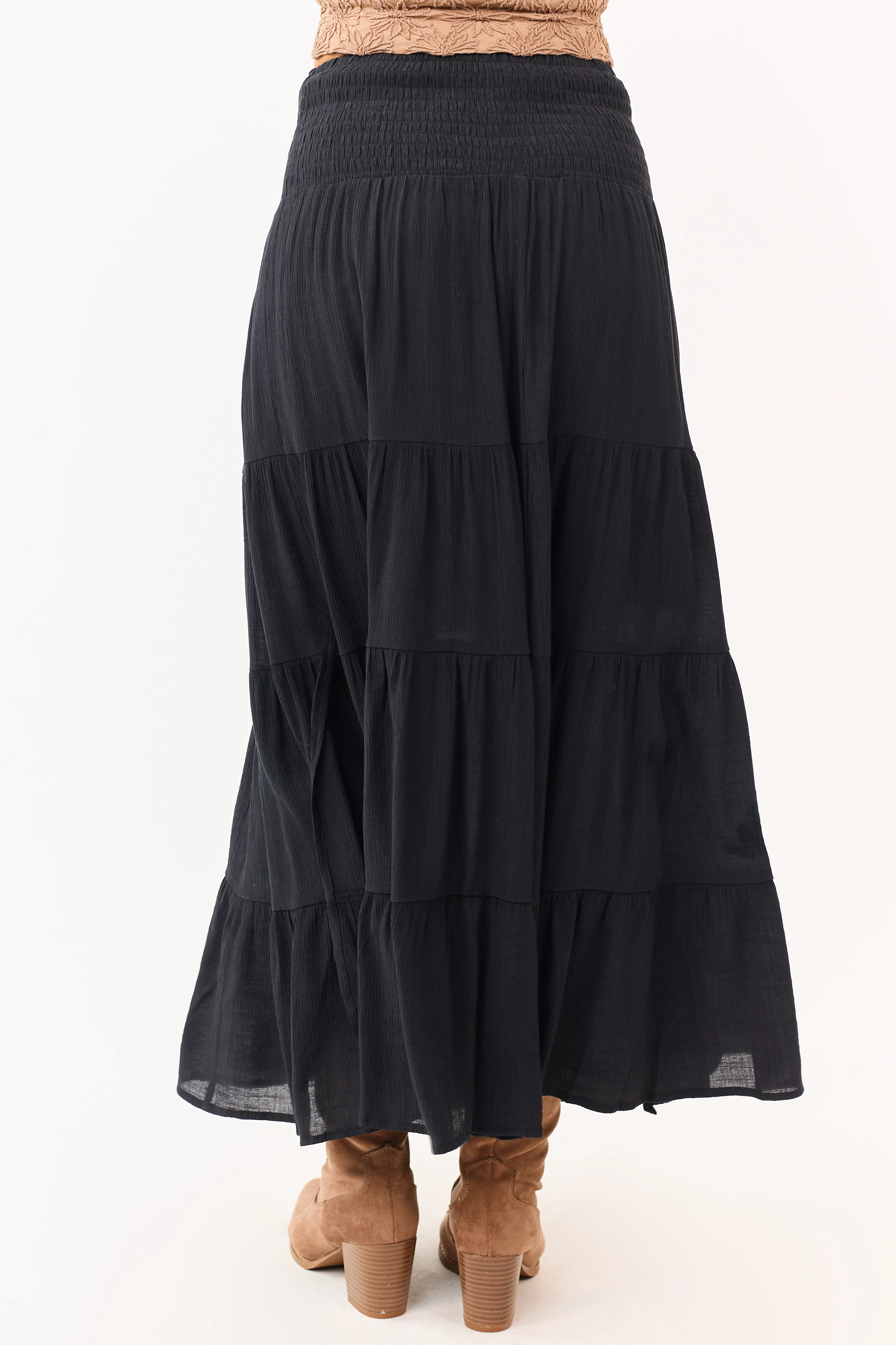 Black Smocked Waist Tiered Flowy Maxi Skirt - Image 4