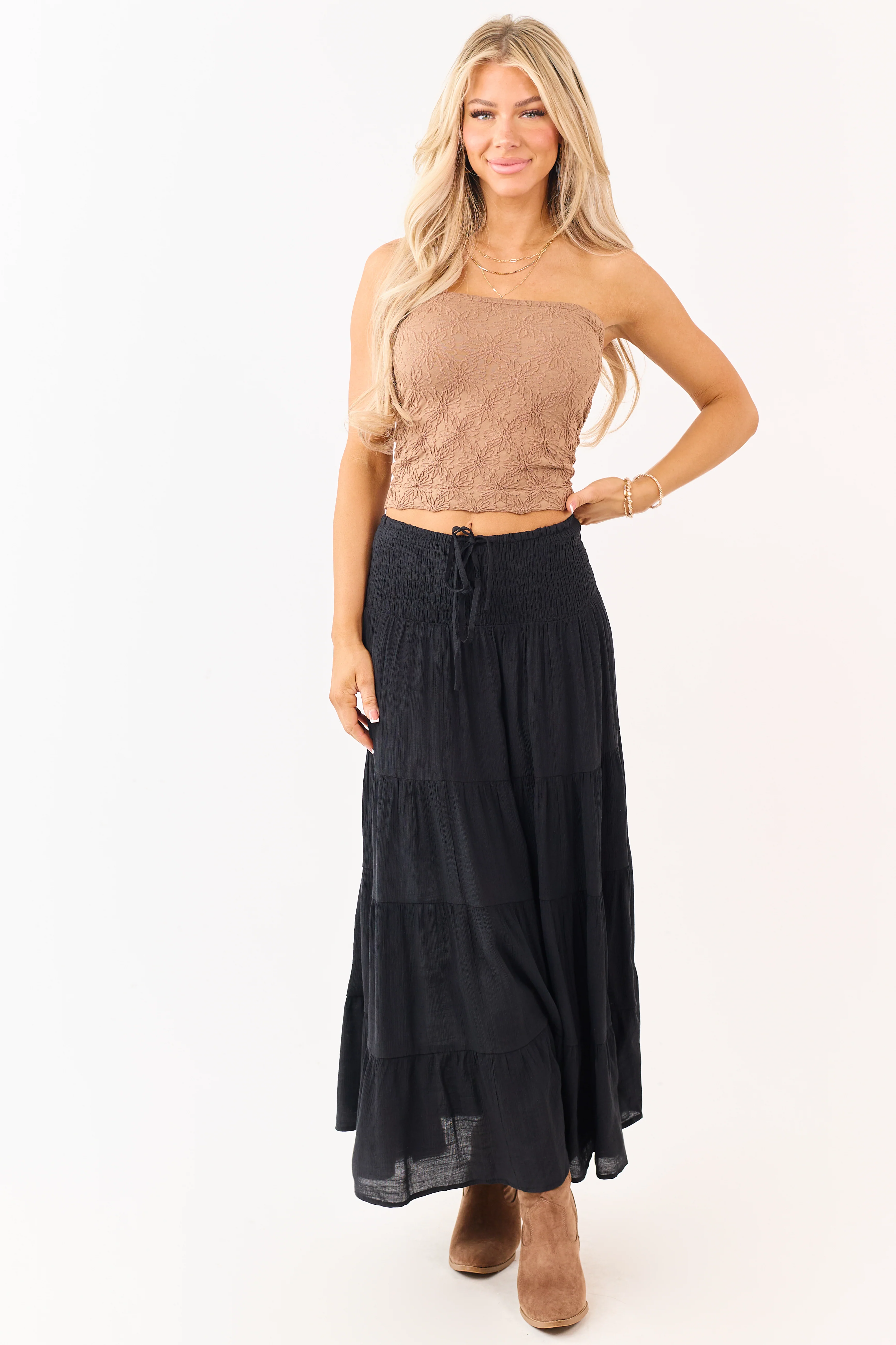 Black Smocked Waist Tiered Flowy Maxi Skirt - Image 5