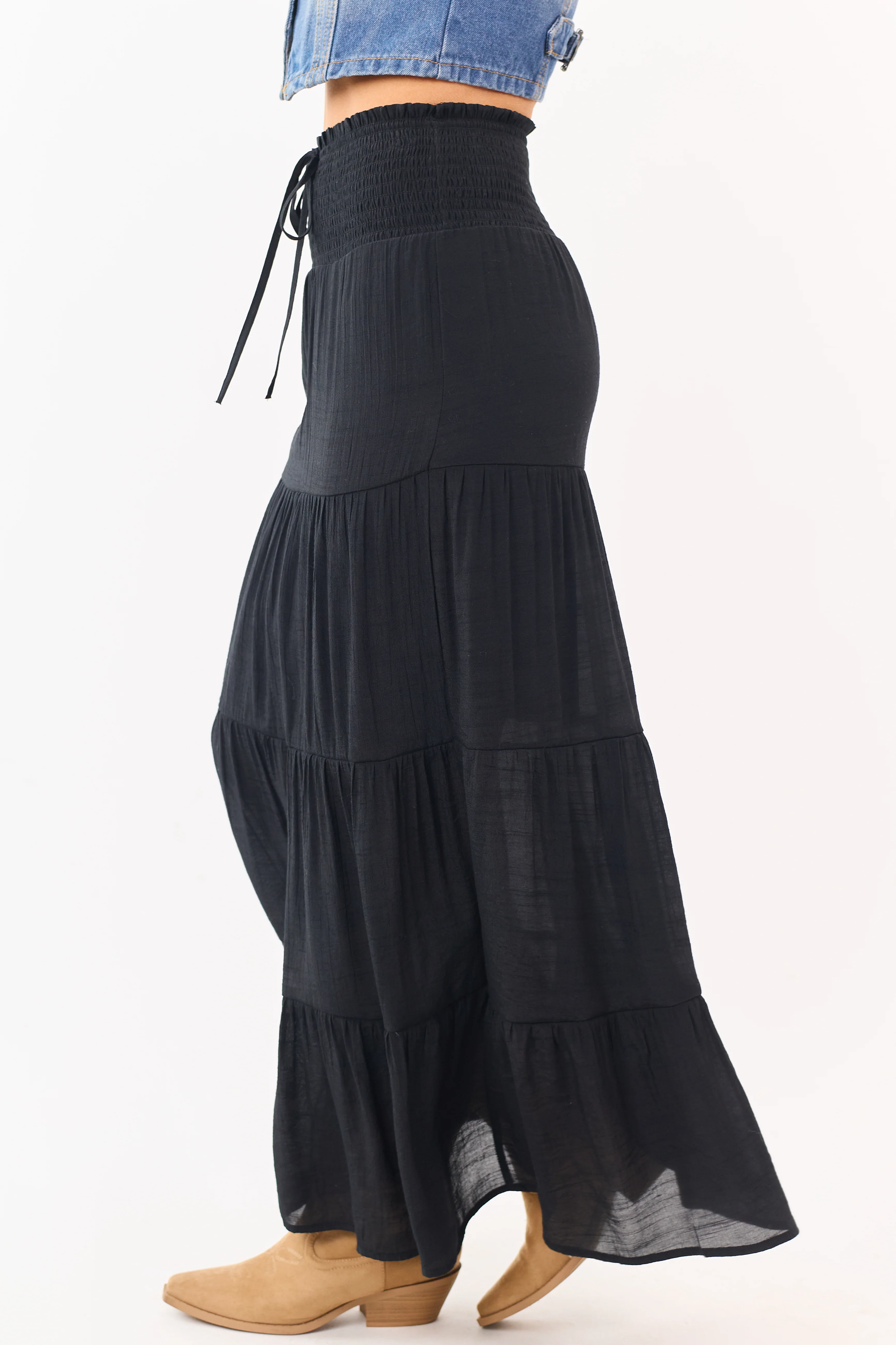 Black Smocked Waist Tiered Maxi Skirt - Image 3