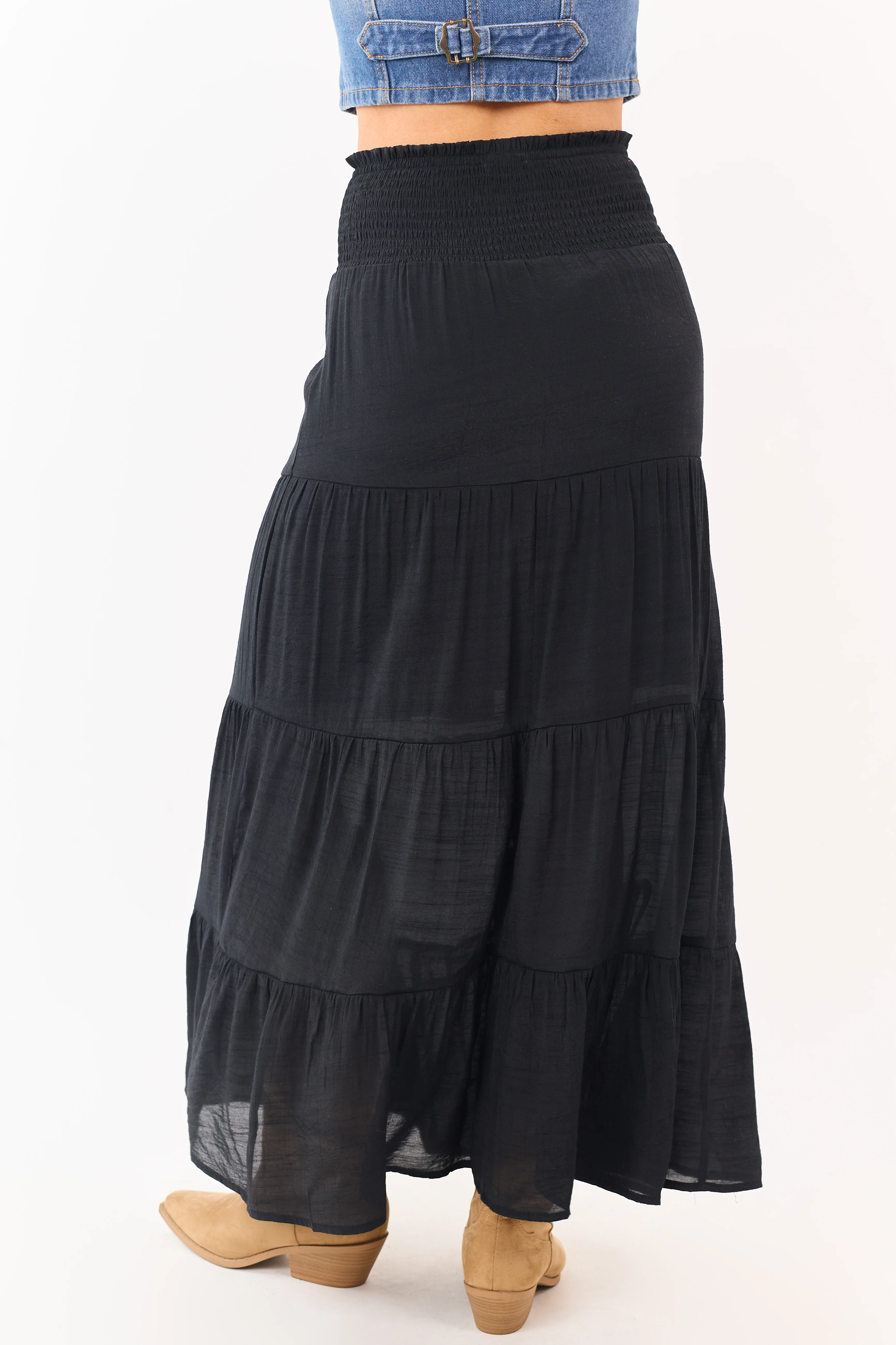 Black Smocked Waist Tiered Maxi Skirt - Image 4