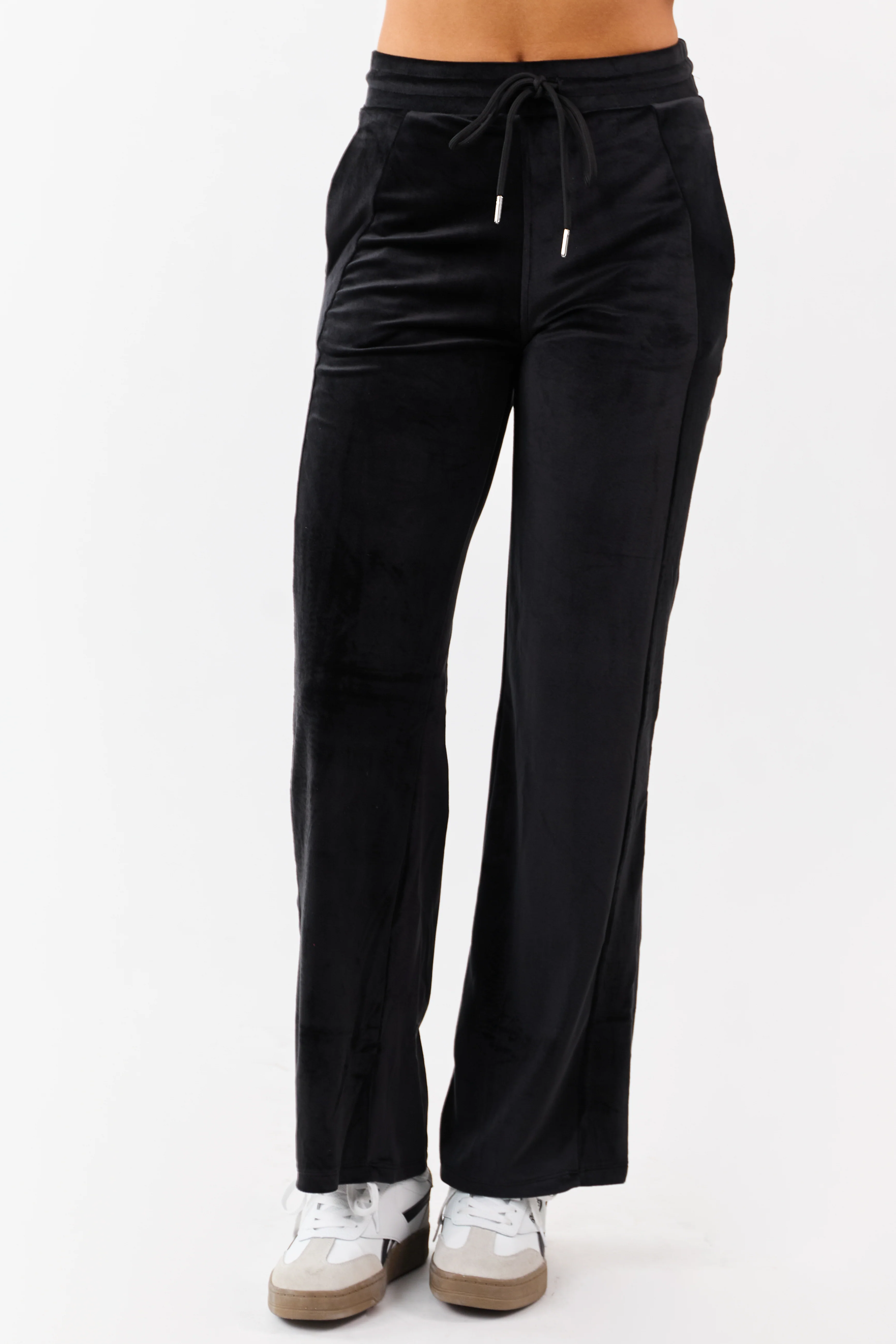 Black Soft Plush Wide Leg Drawstring Pants - Image 2
