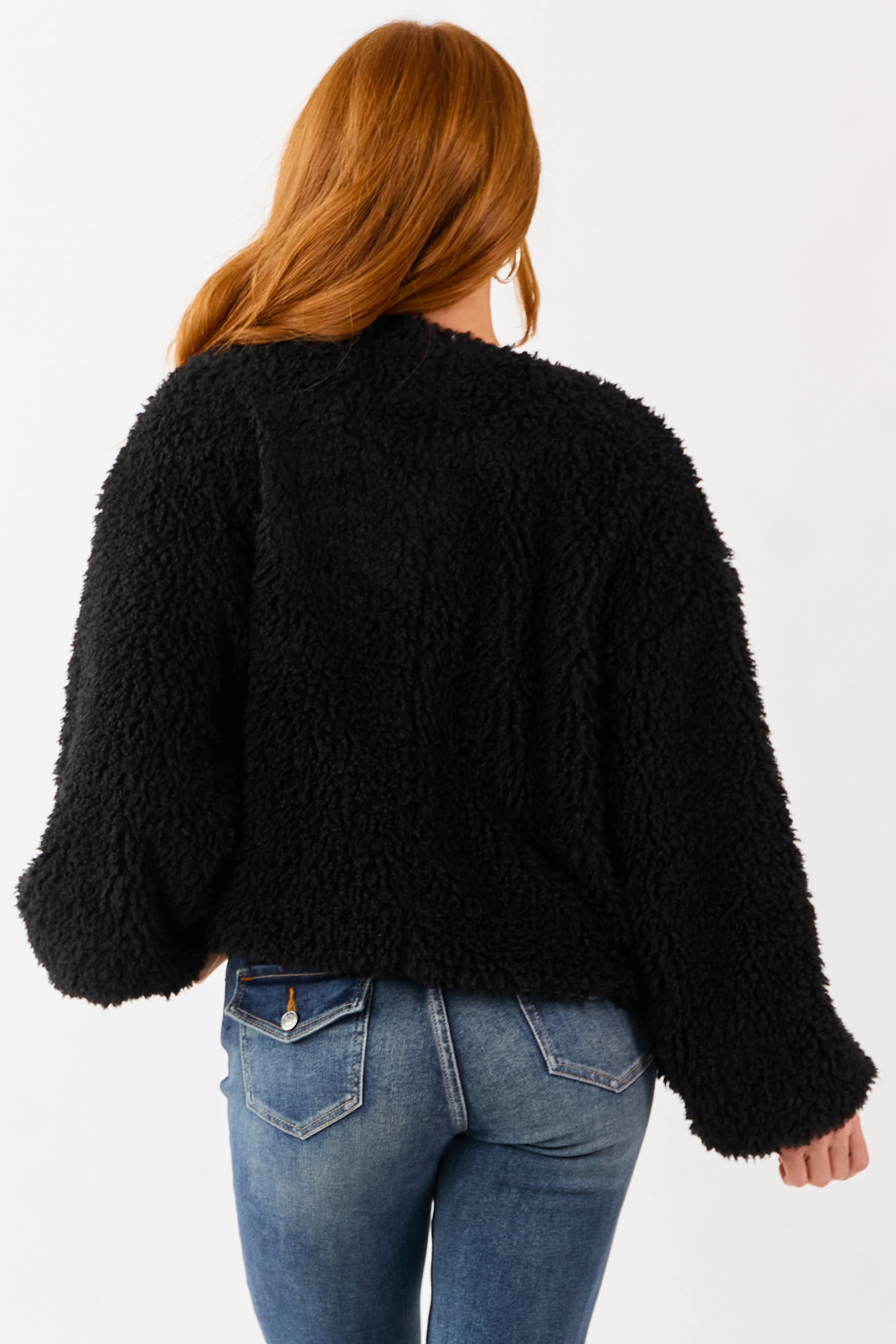 Black Soft Sherpa Snap Button Up Relaxed Jacket - Image 5