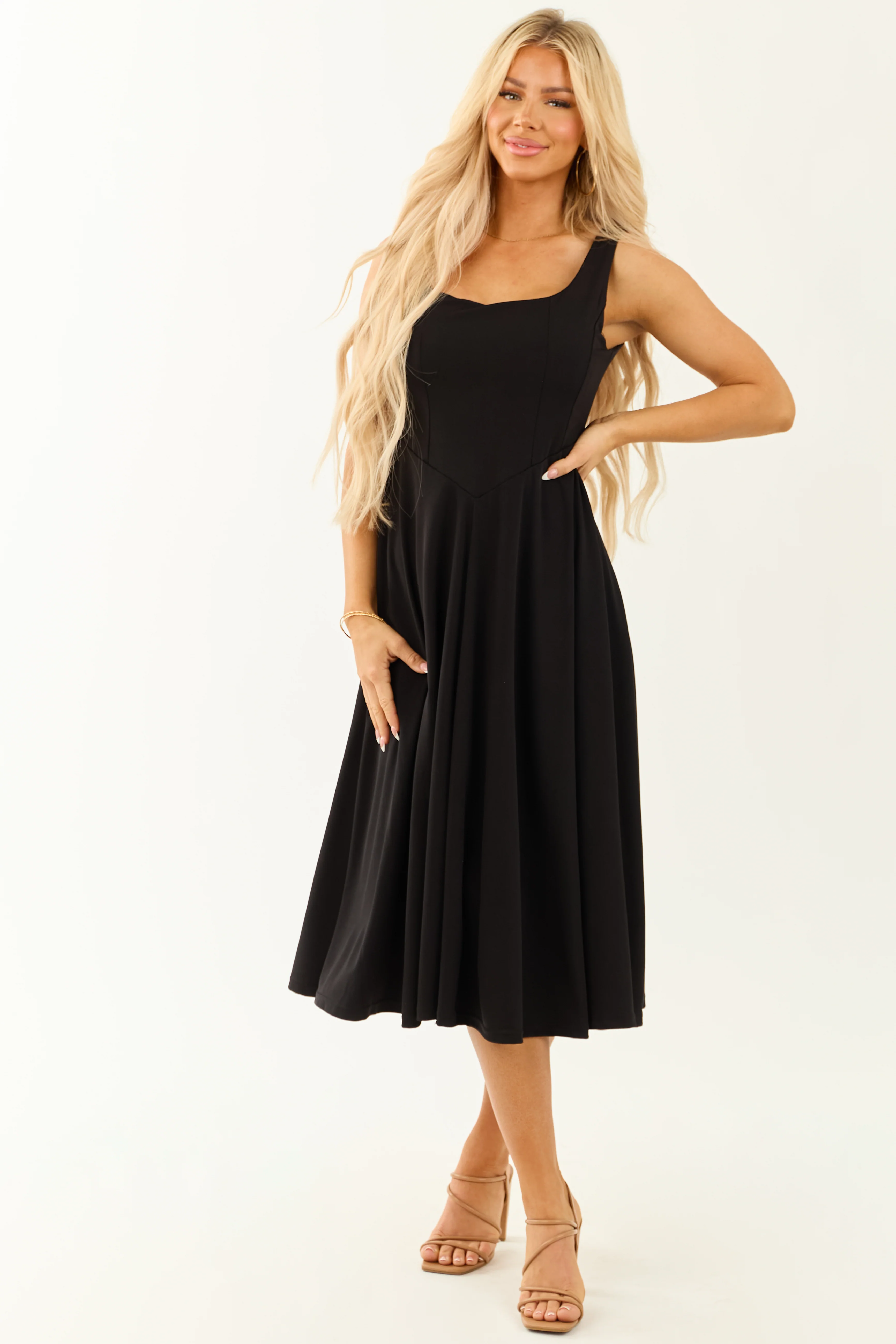 Black Square Neckline Sleeveless Midi Dress