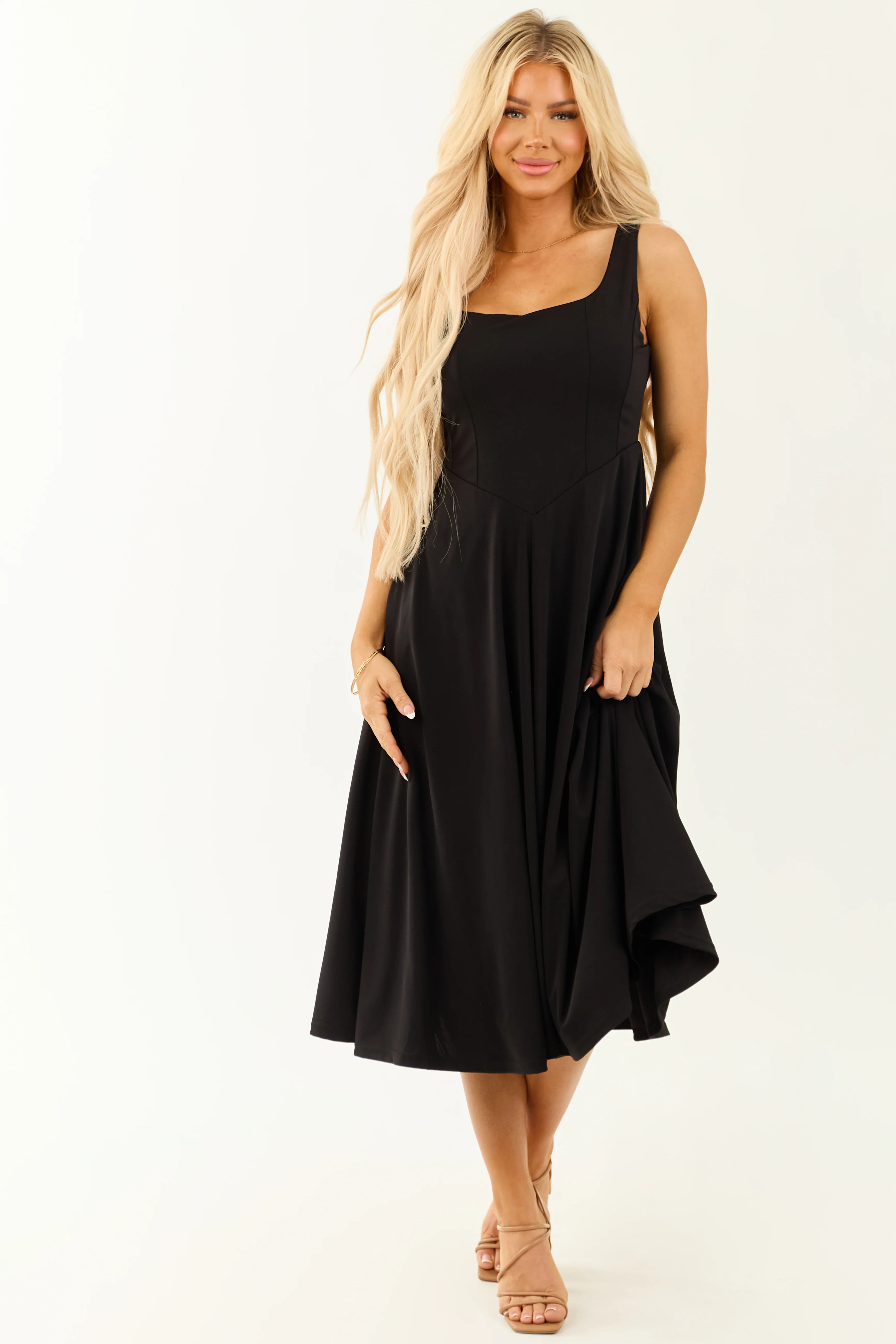 Black Square Neckline Sleeveless Midi Dress - Image 2