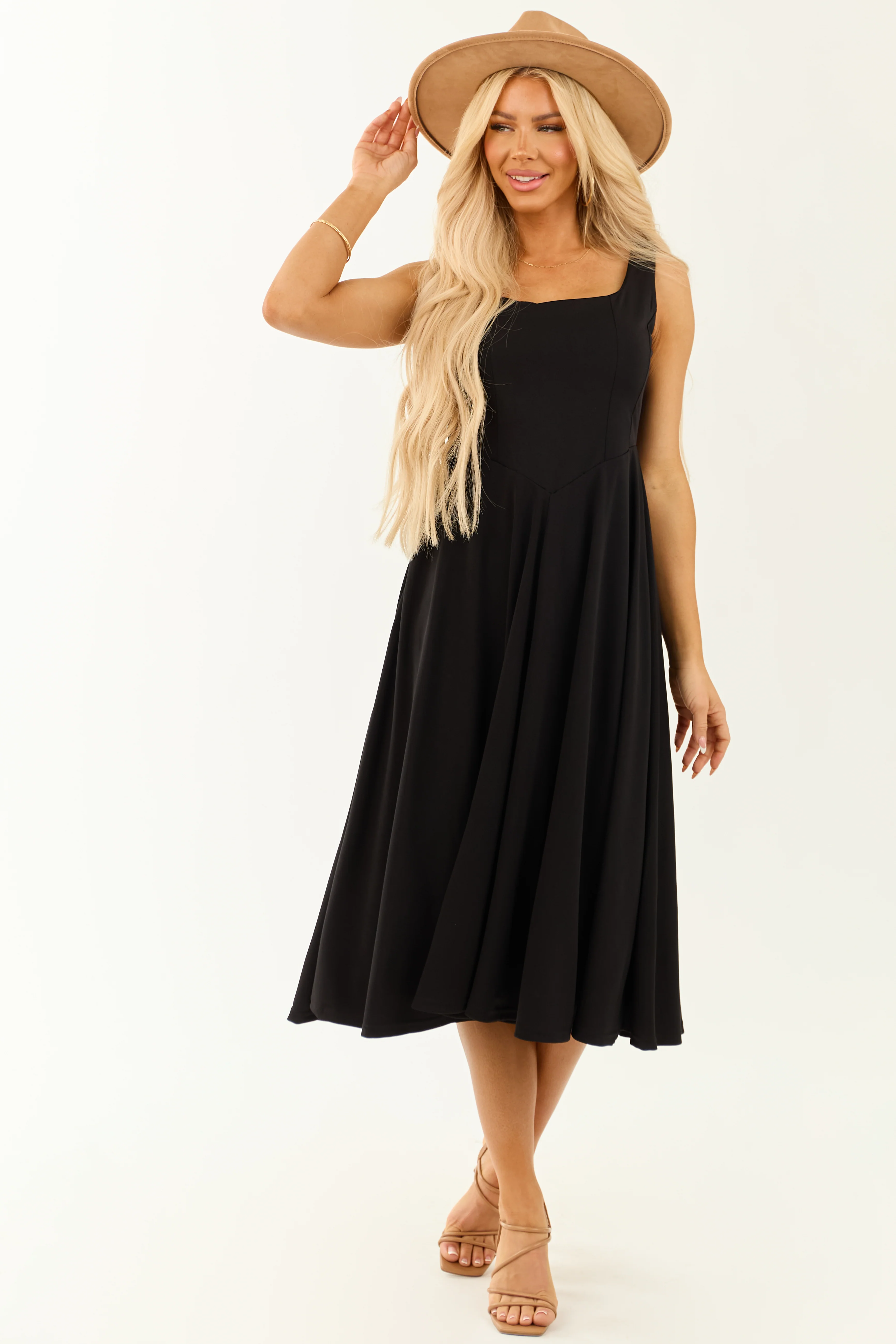 Black Square Neckline Sleeveless Midi Dress - Image 3