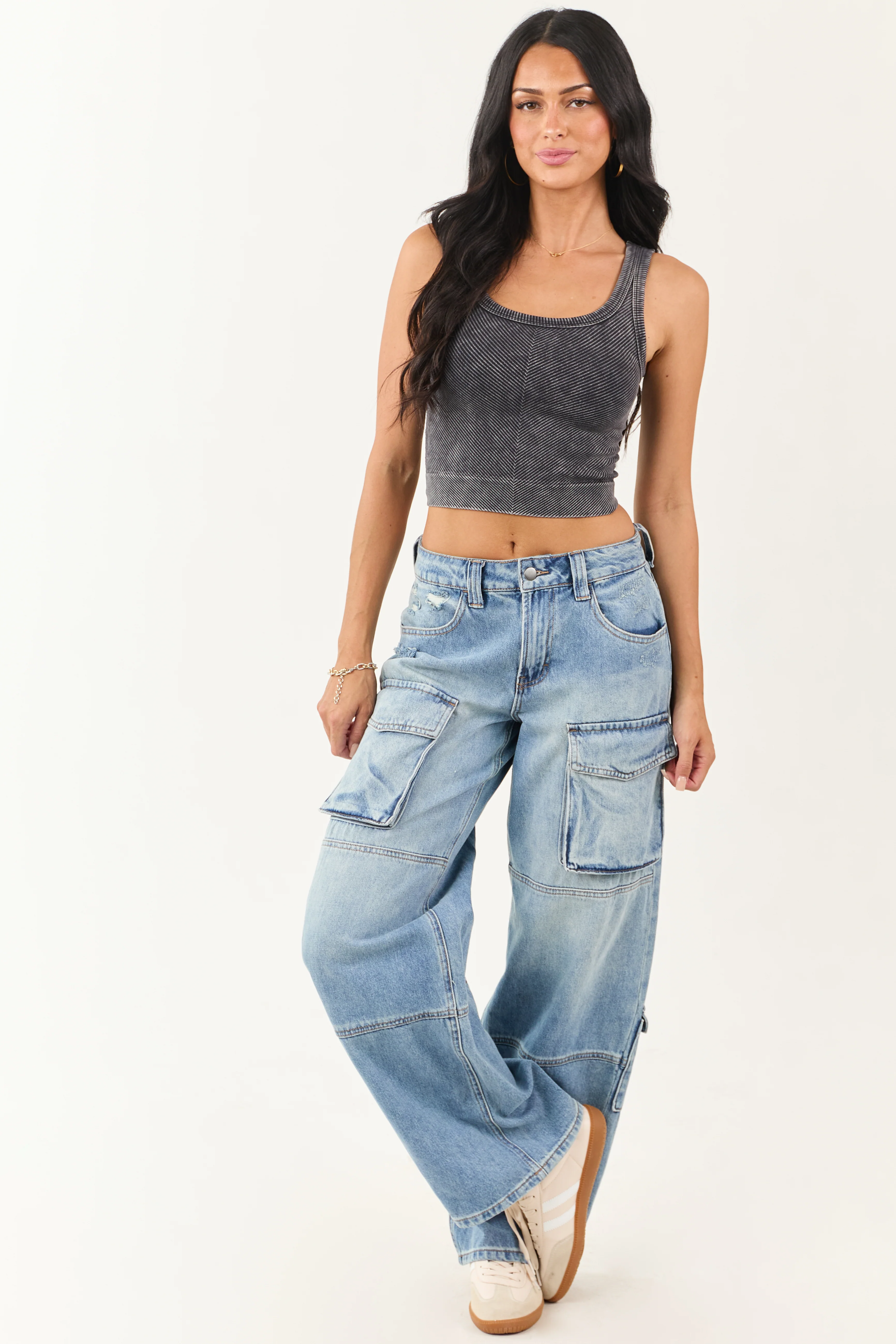 Black Stone Wash Cropped Knit Tank Top - Image 2