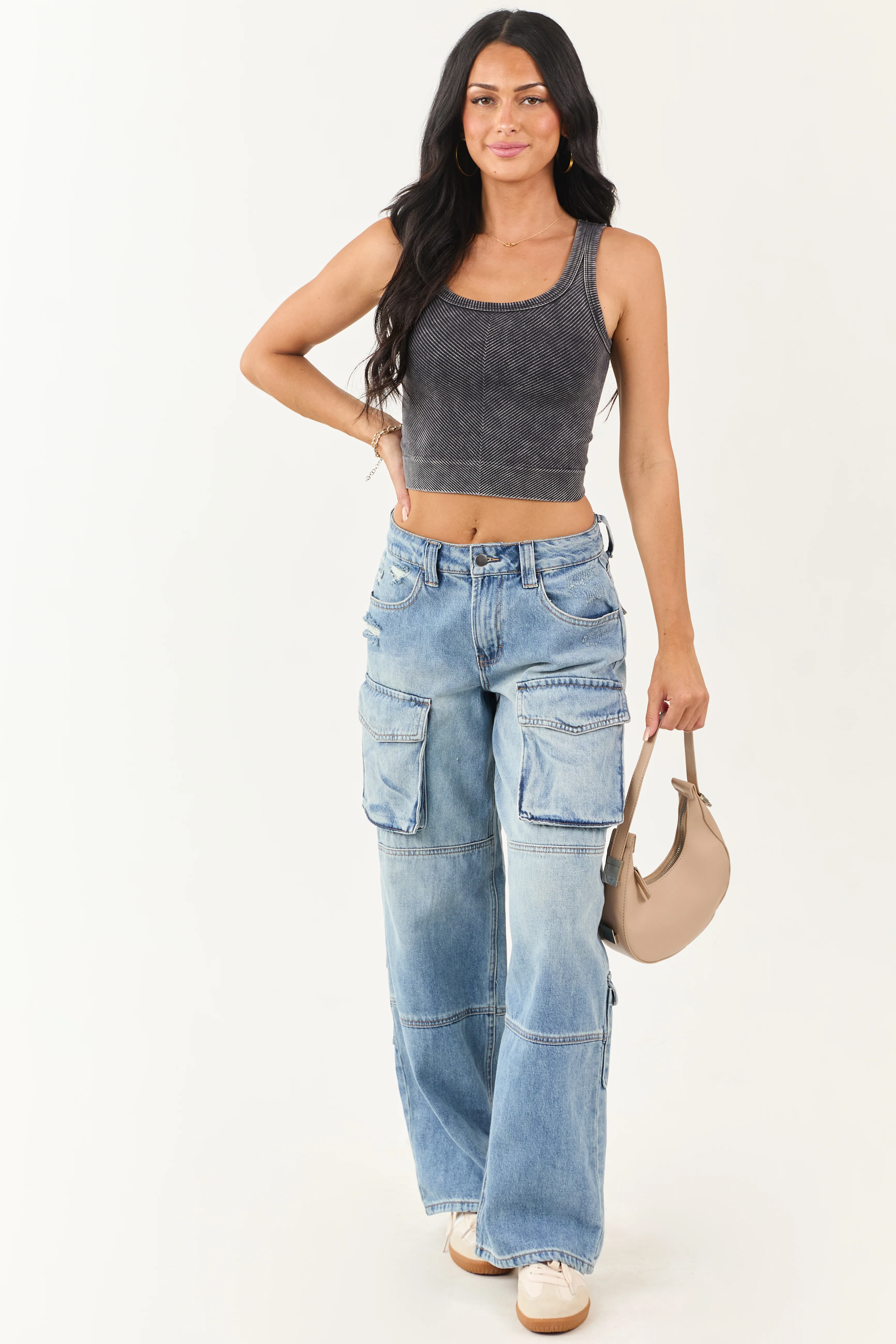 Black Stone Wash Cropped Knit Tank Top - Image 3