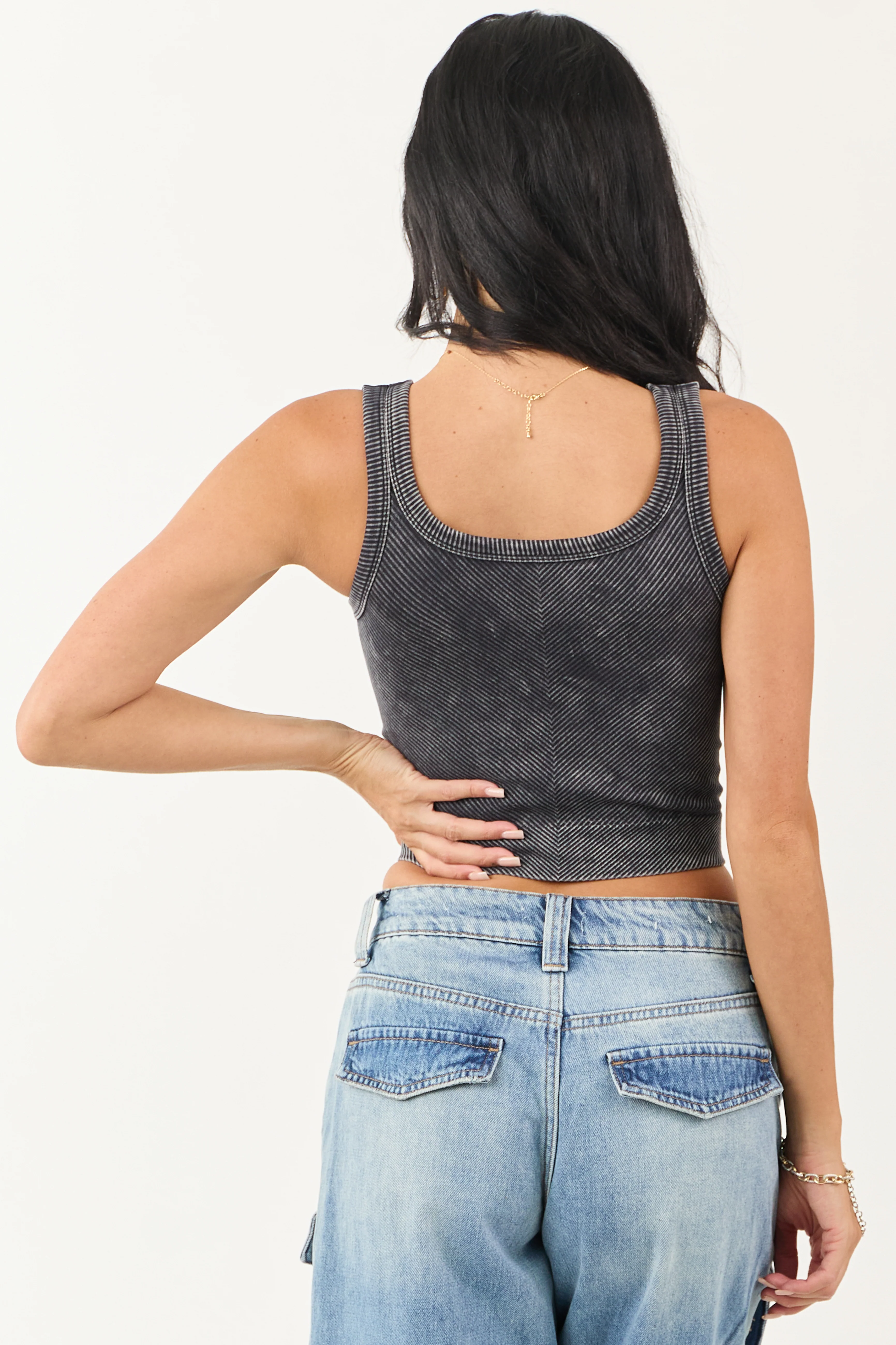 Black Stone Wash Cropped Knit Tank Top - Image 5