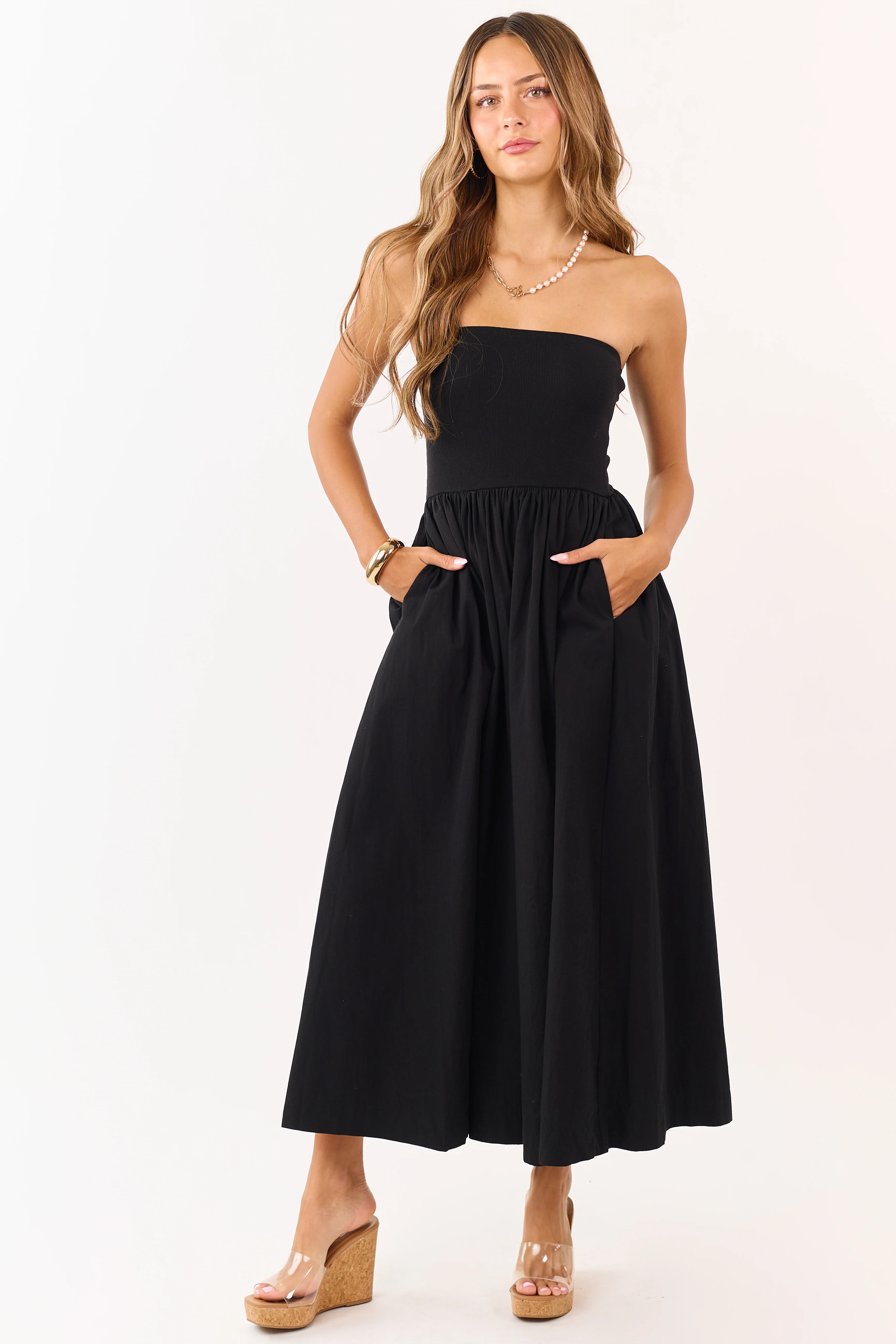 Black Strapless Knit Contrast Cotton Maxi Dress - Image 3
