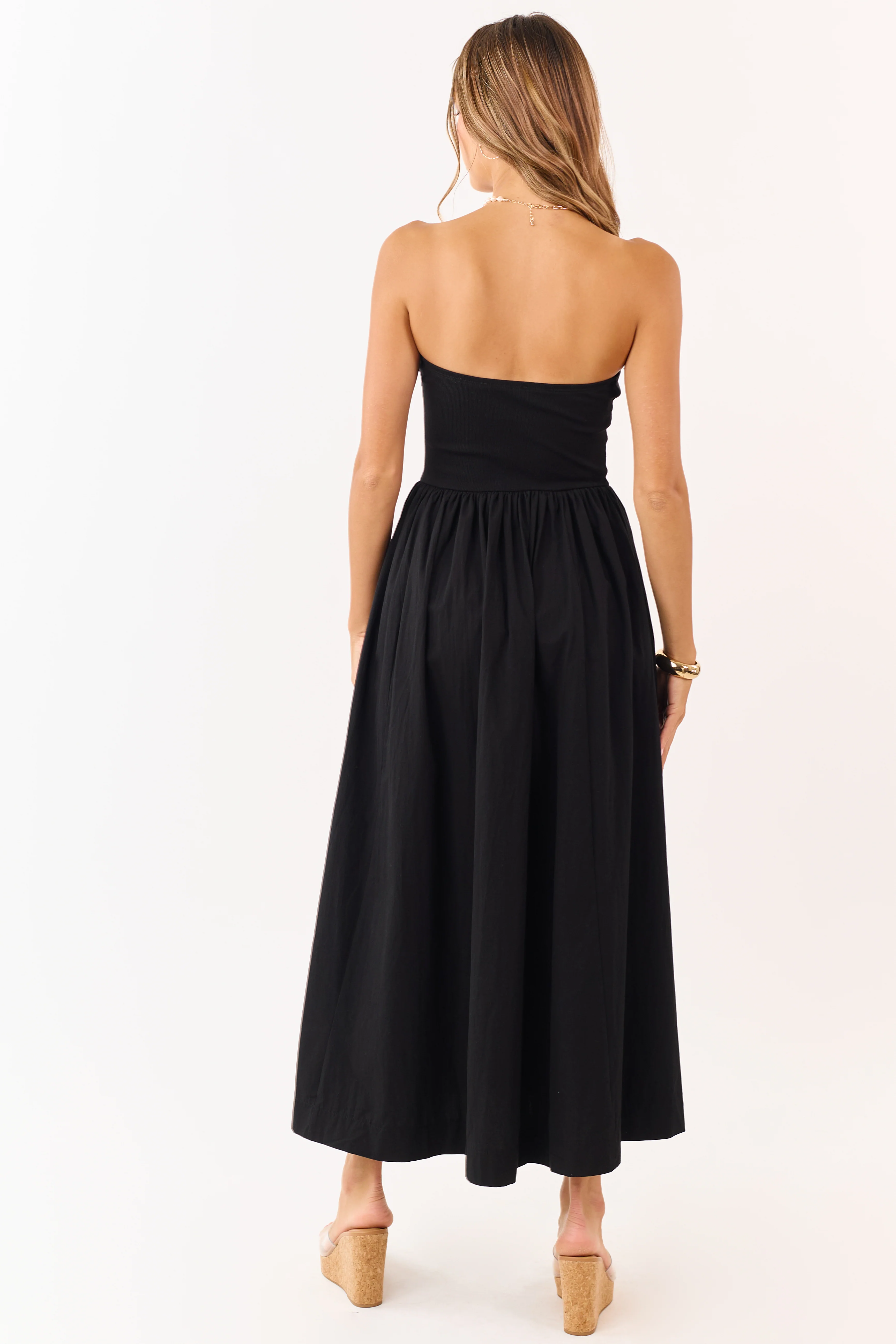 Black Strapless Knit Contrast Cotton Maxi Dress - Image 5