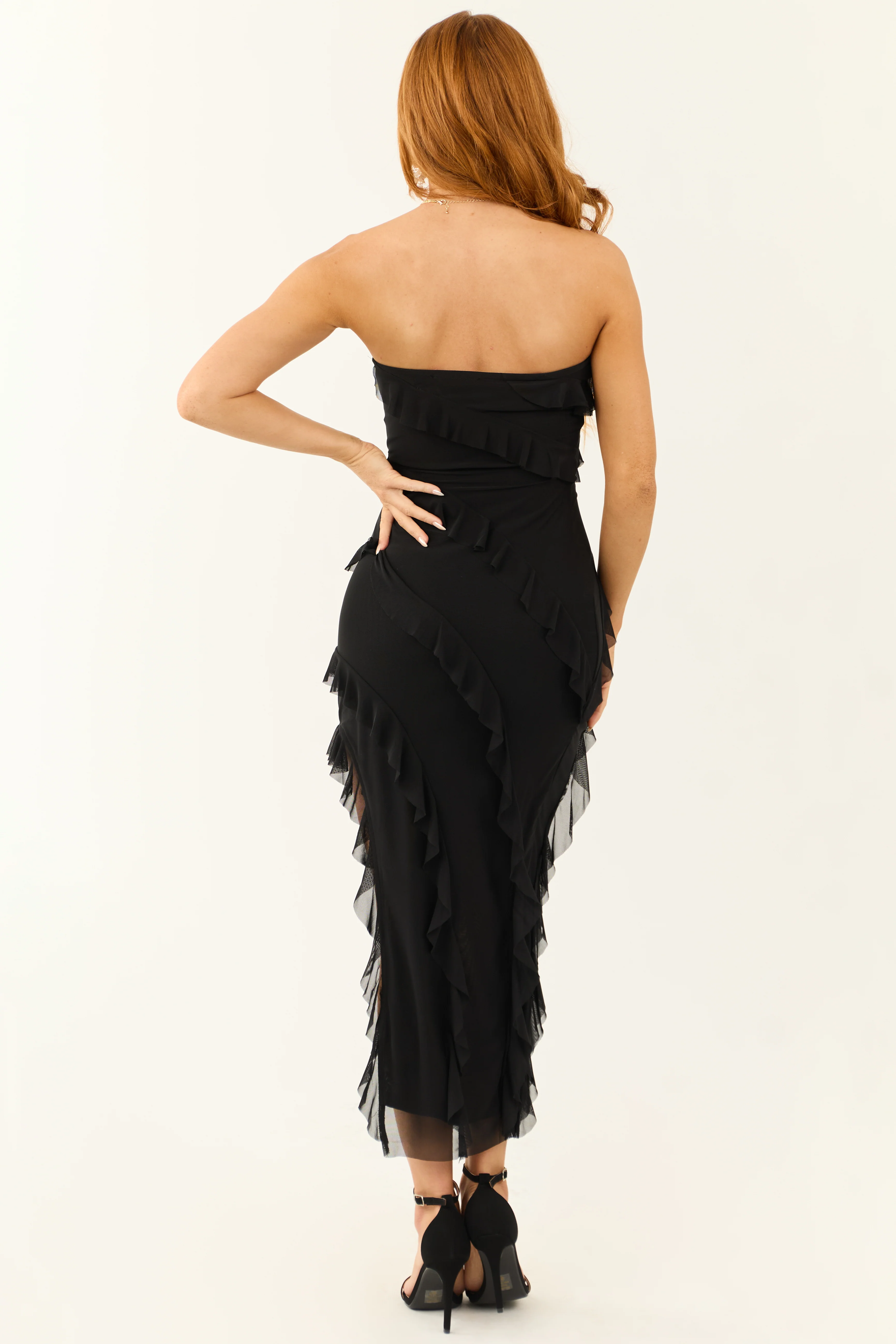 Black Strapless Ruffle Asymmetrical Midi Dress - Image 6