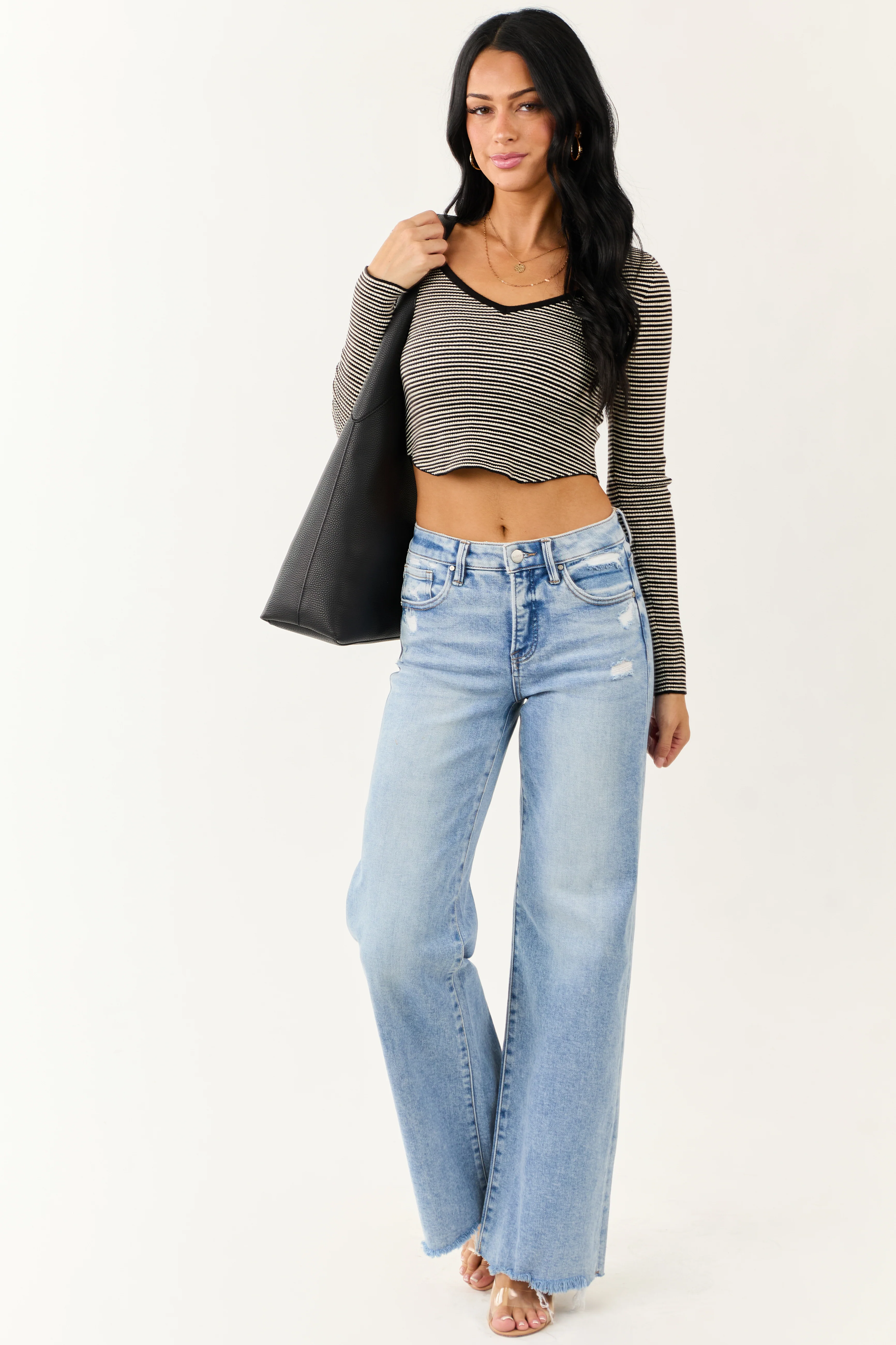 Black Striped Cropped V Neck Long Sleeve Top - Image 7