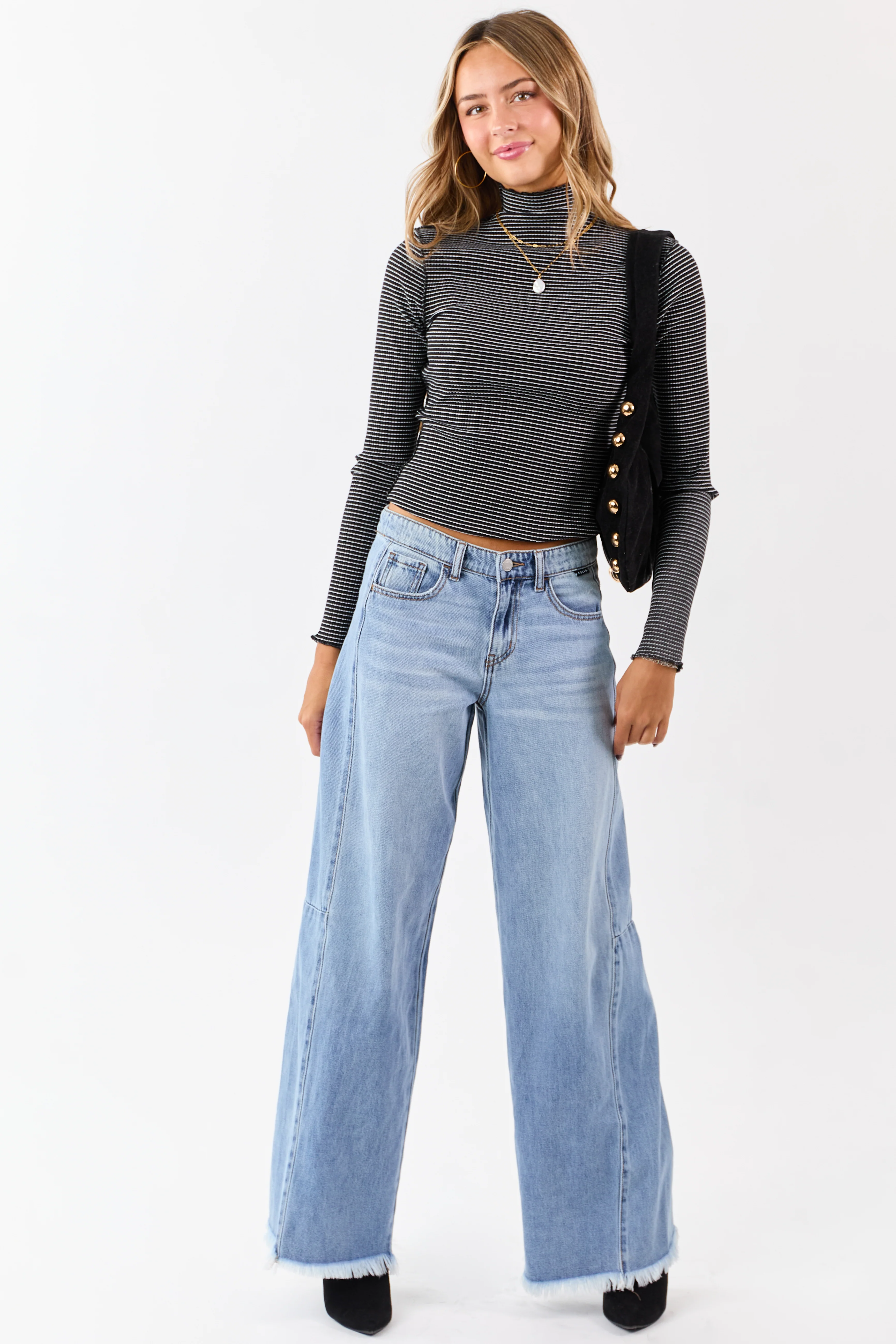 Black Striped Ribbed Knit Long Sleeve Mock Neck Top - Image 2