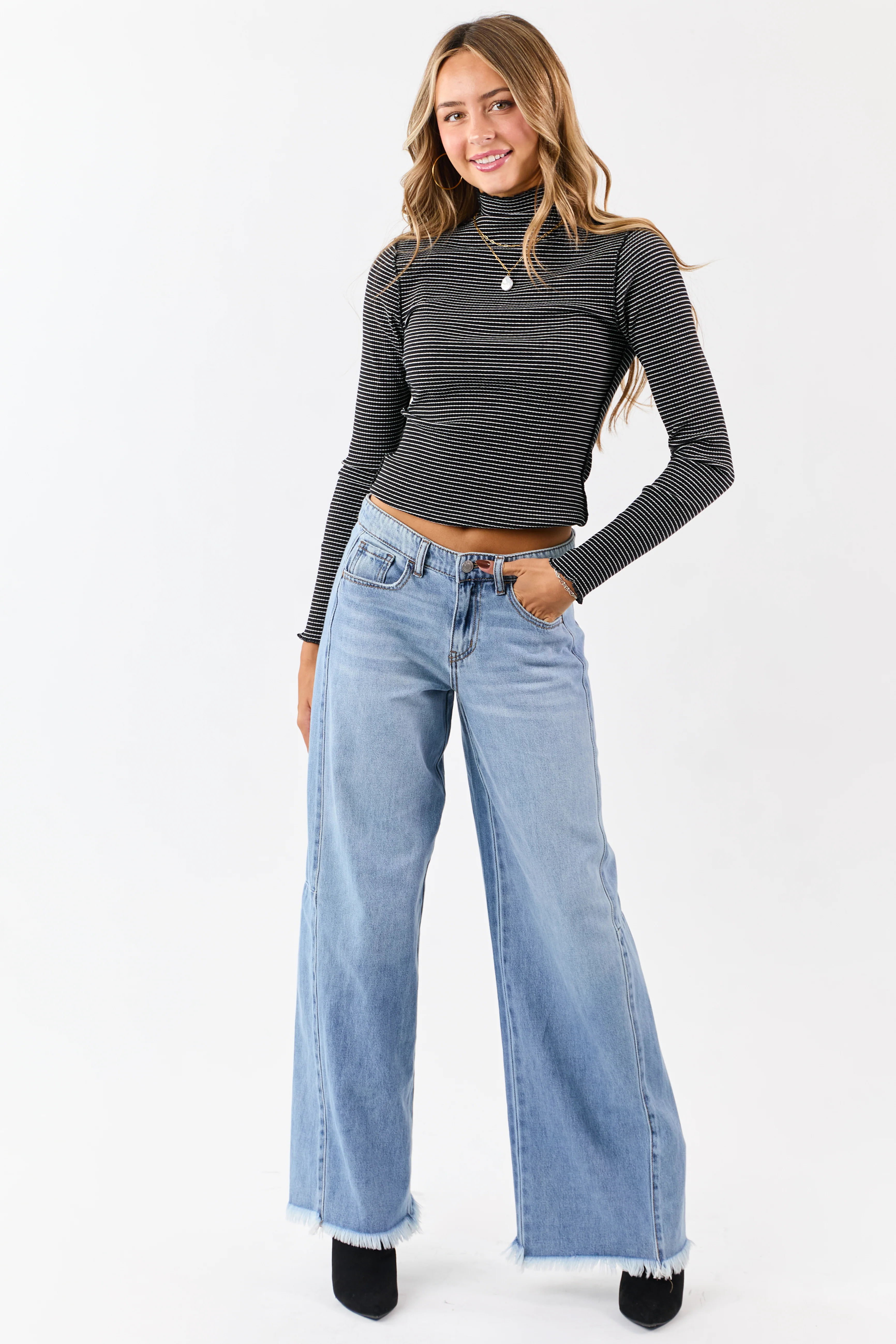 Black Striped Ribbed Knit Long Sleeve Mock Neck Top - Image 3
