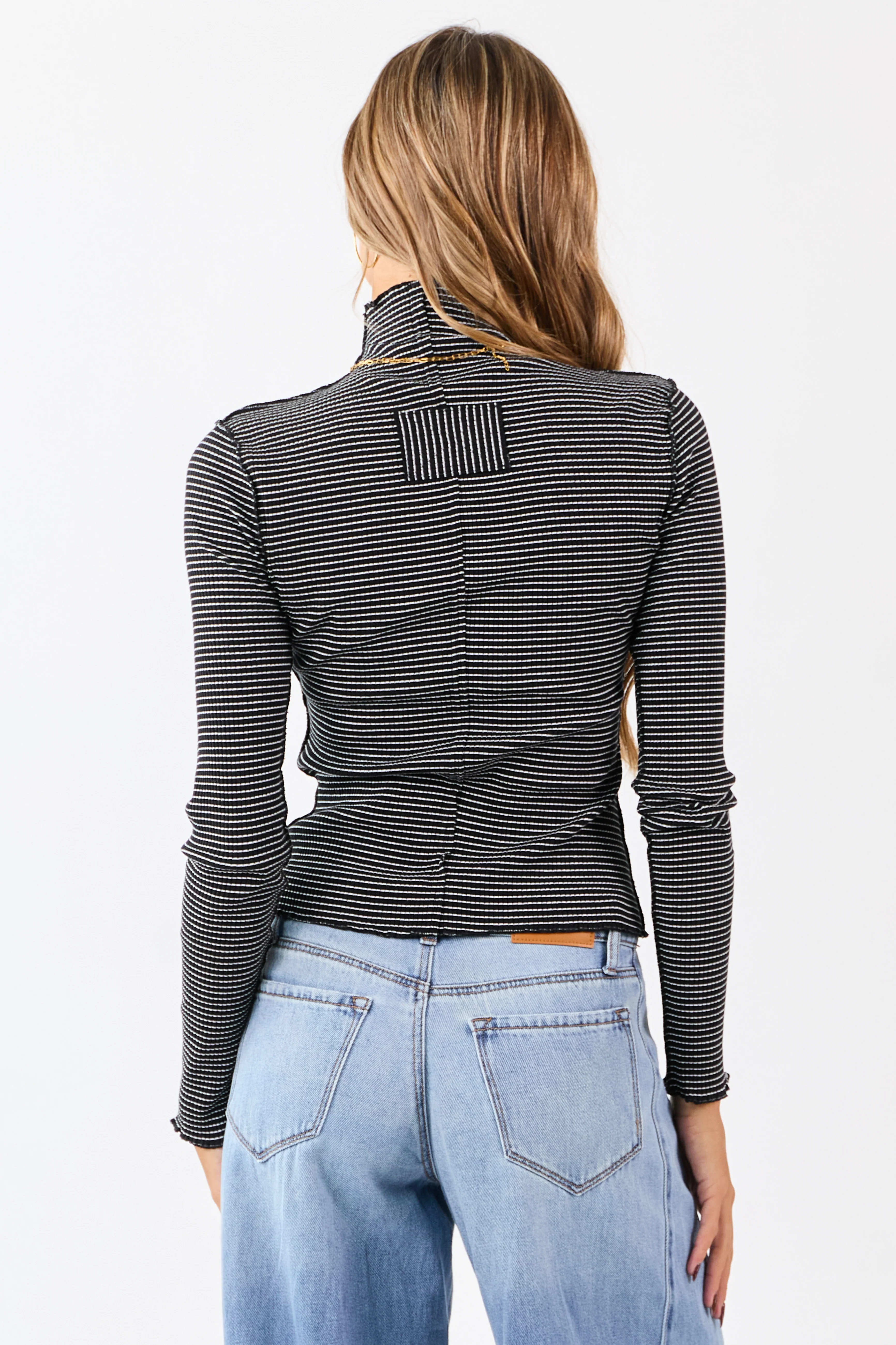 Black Striped Ribbed Knit Long Sleeve Mock Neck Top - Image 5