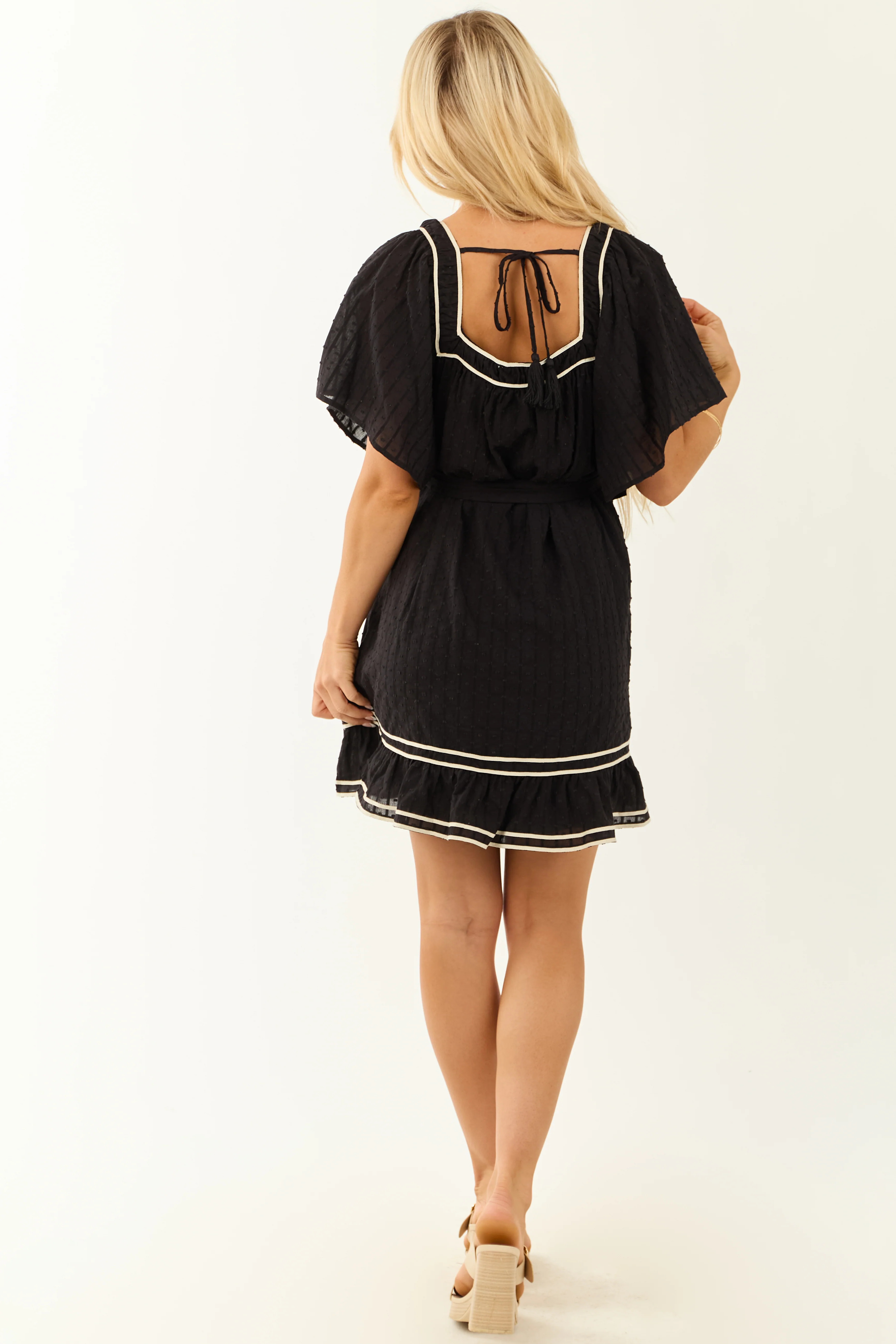 Black Swiss Dot Flutter Sleeve Mini Dress - Image 5