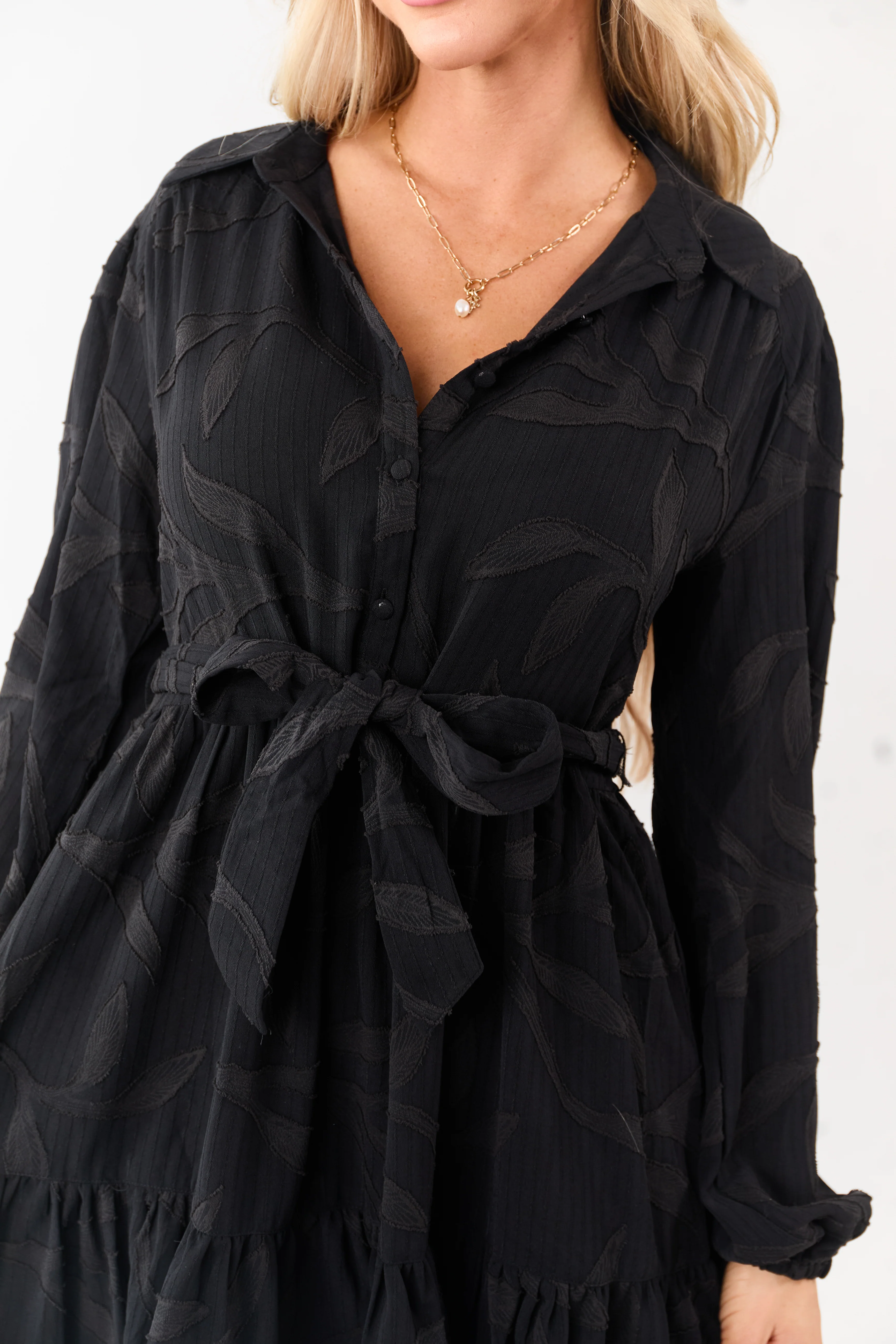 Black Textured Jacquard Leaf Collared Mini Dress - Image 6