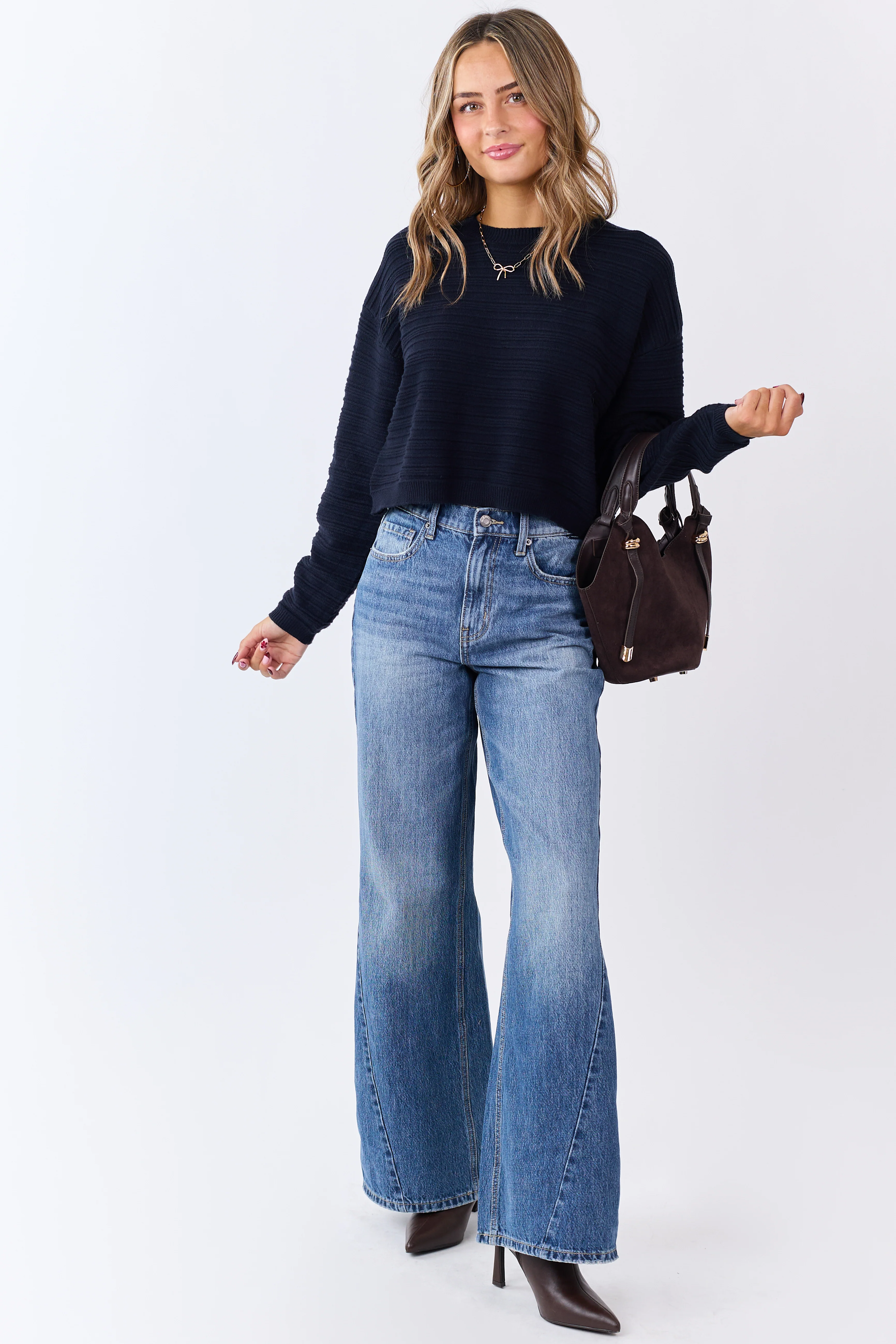 Black Textured Knit Crew Neck Cropped Sweater - Image 3