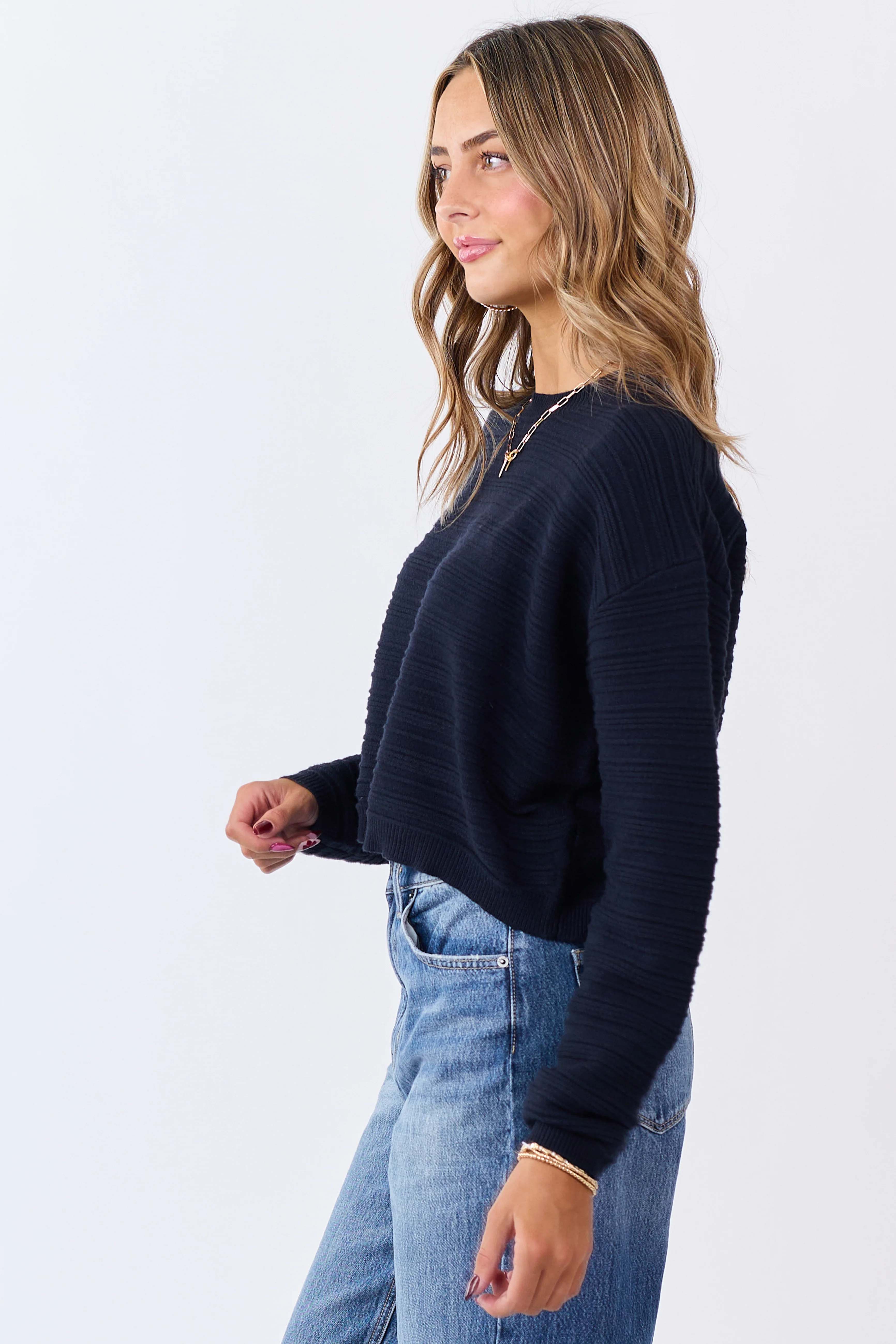 Black Textured Knit Crew Neck Cropped Sweater - Image 4