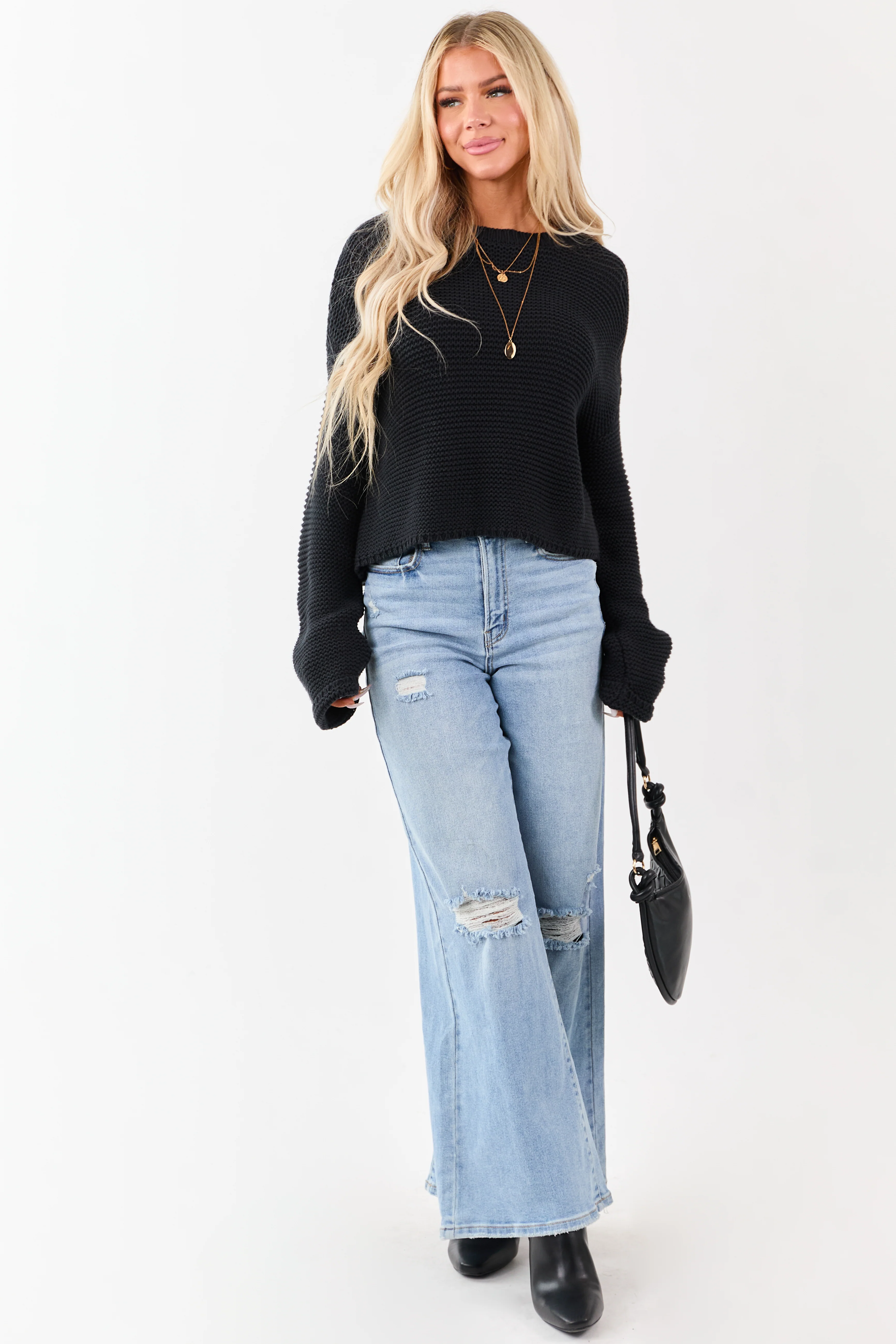 Black Textured Knit Long Sleeve Crop Sweater - Image 4