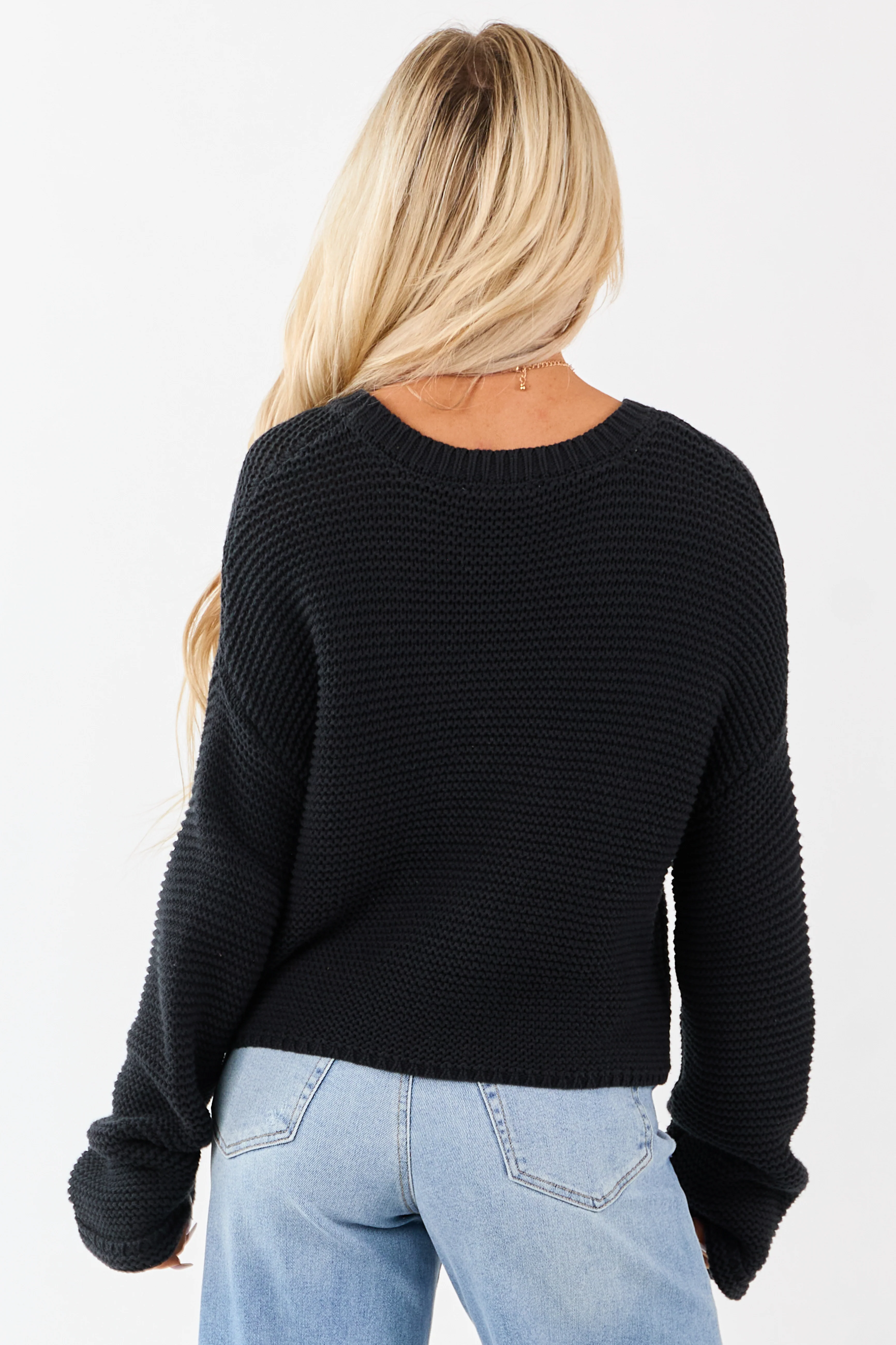 Black Textured Knit Long Sleeve Crop Sweater - Image 6