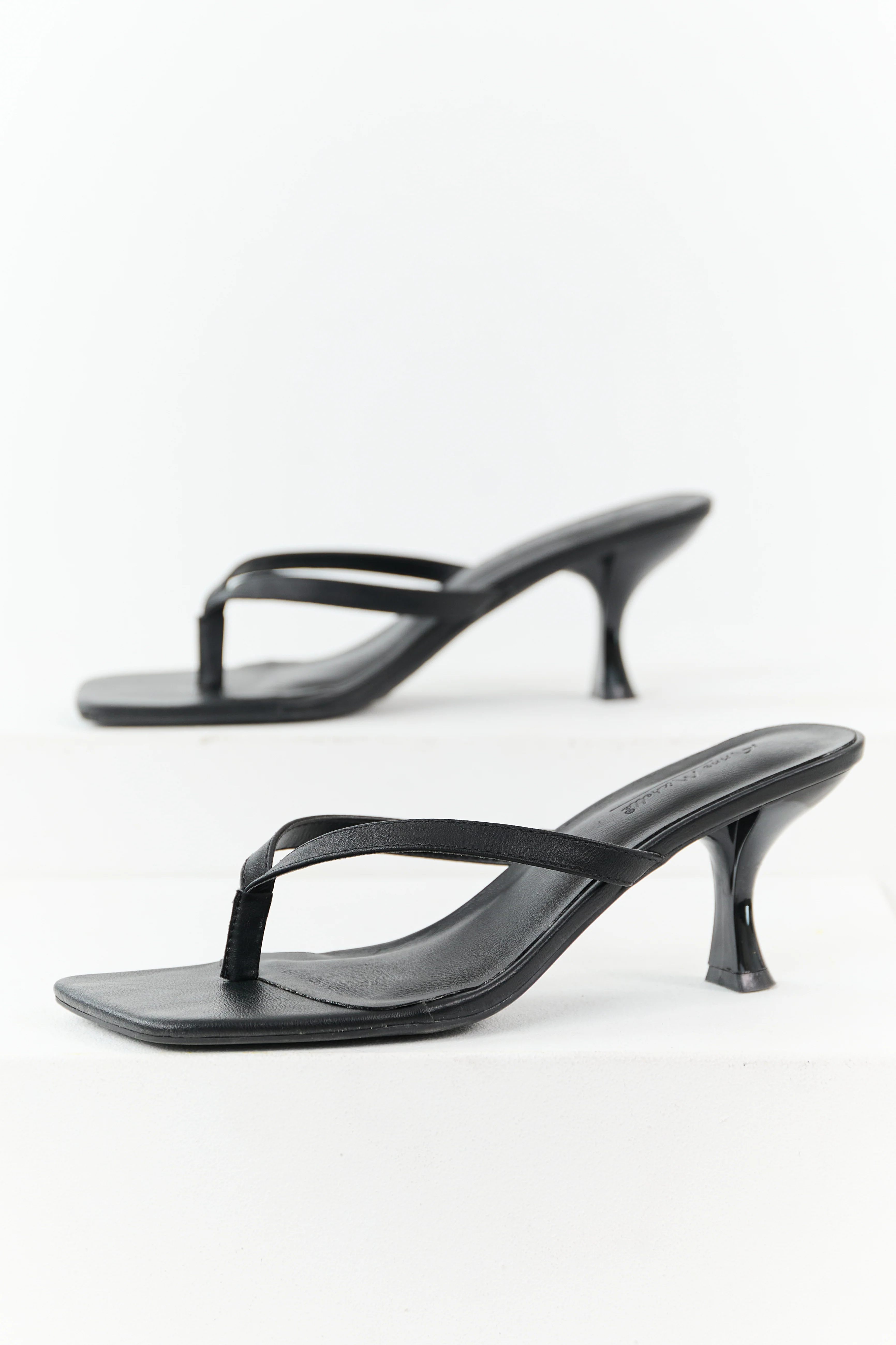 Black Textured Thong Strap Square Toe Heels - Image 2