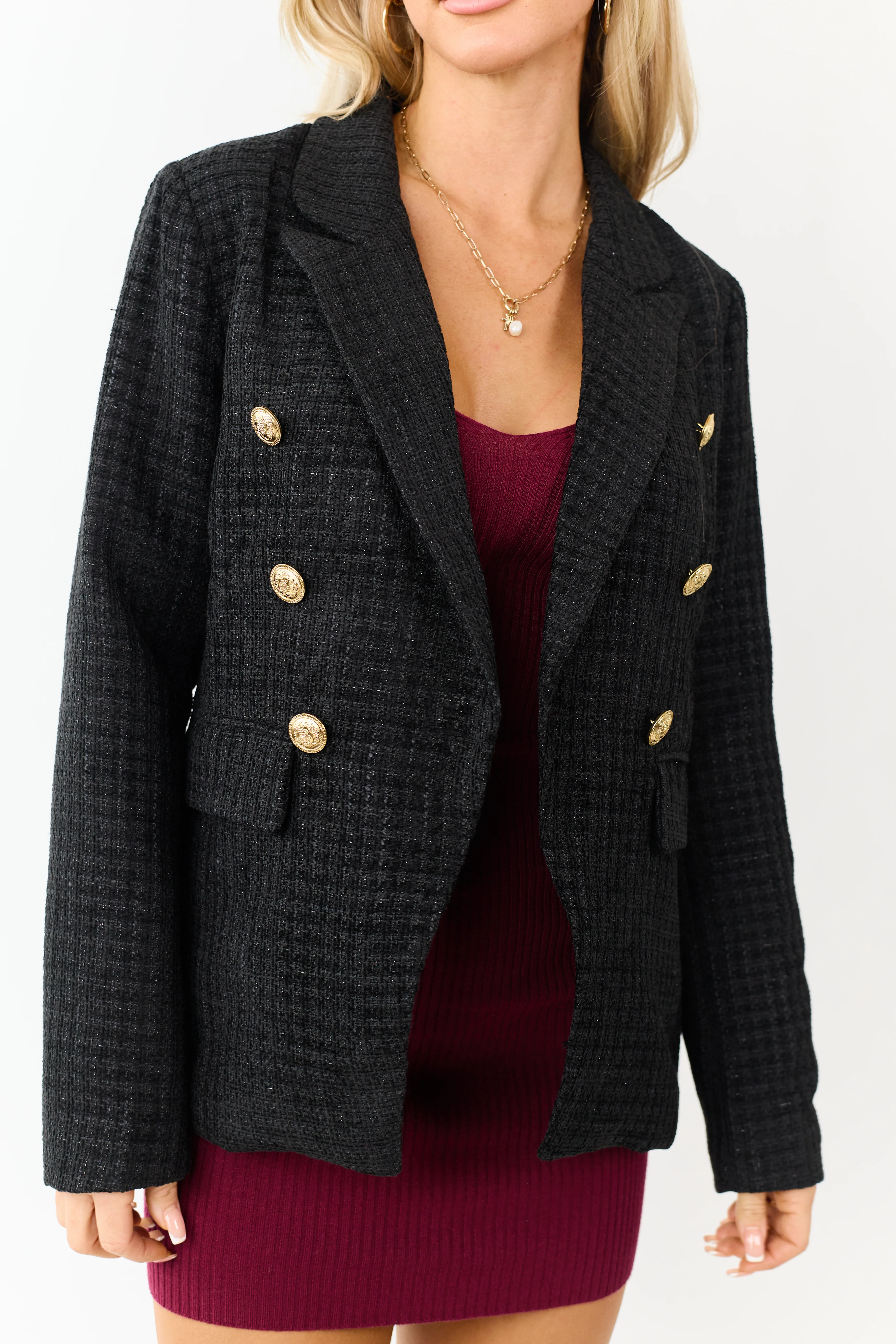 Black Tweed Metallic Threading Button Down Blazer - Image 2