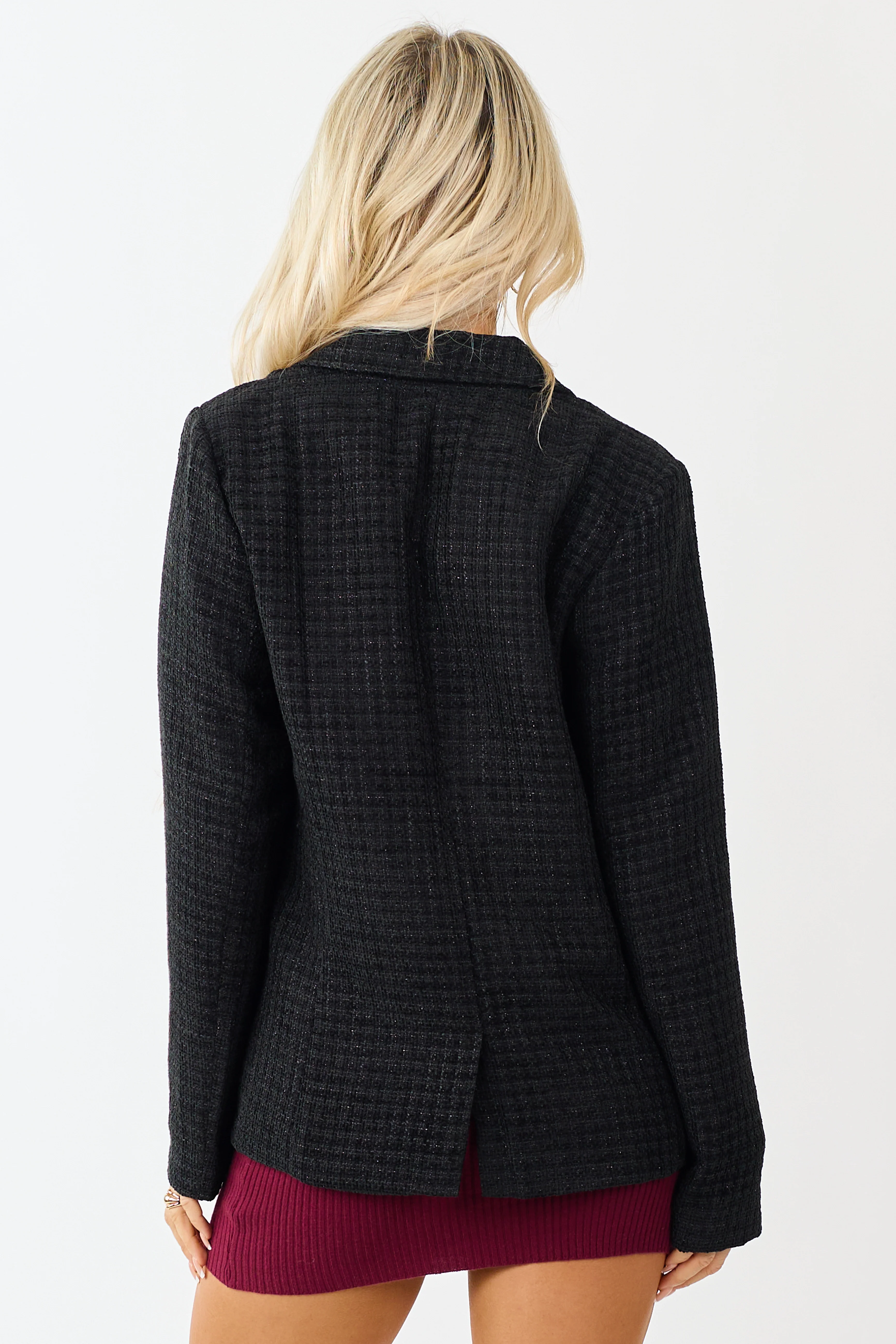 Black Tweed Metallic Threading Button Down Blazer - Image 7