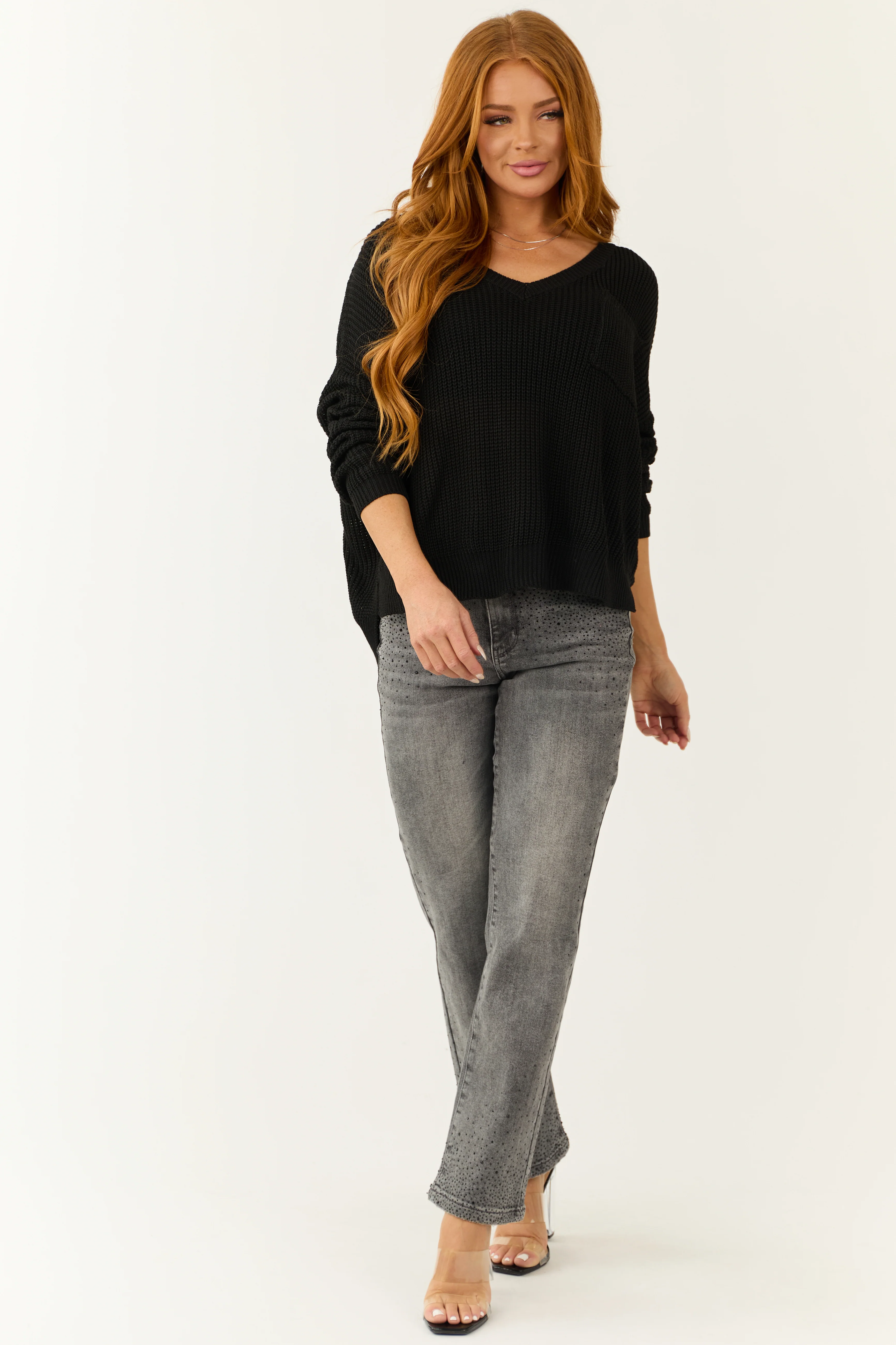 Black V Neck Chest Pocket Knit Sweater - Image 3