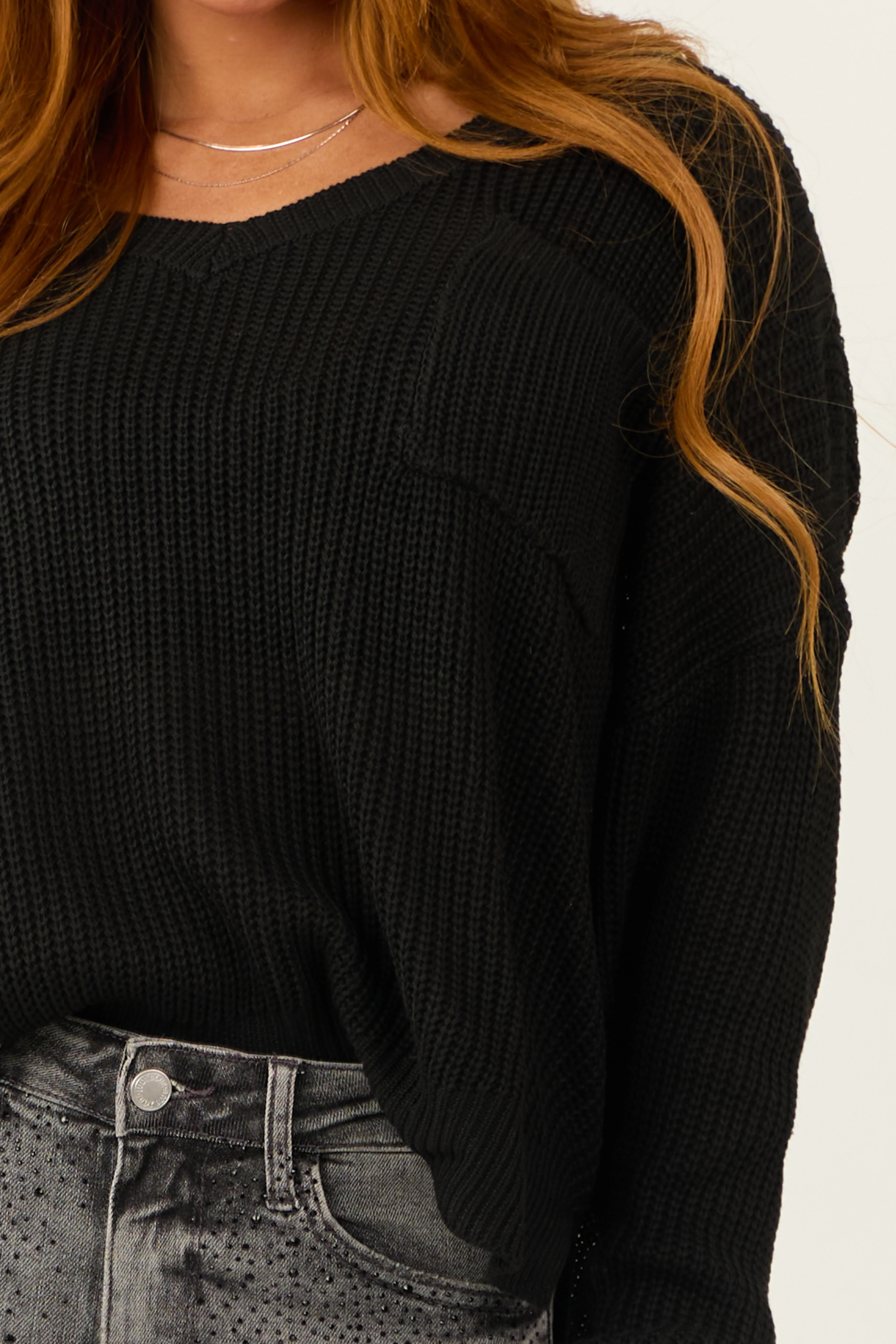 Black V Neck Chest Pocket Knit Sweater - Image 7
