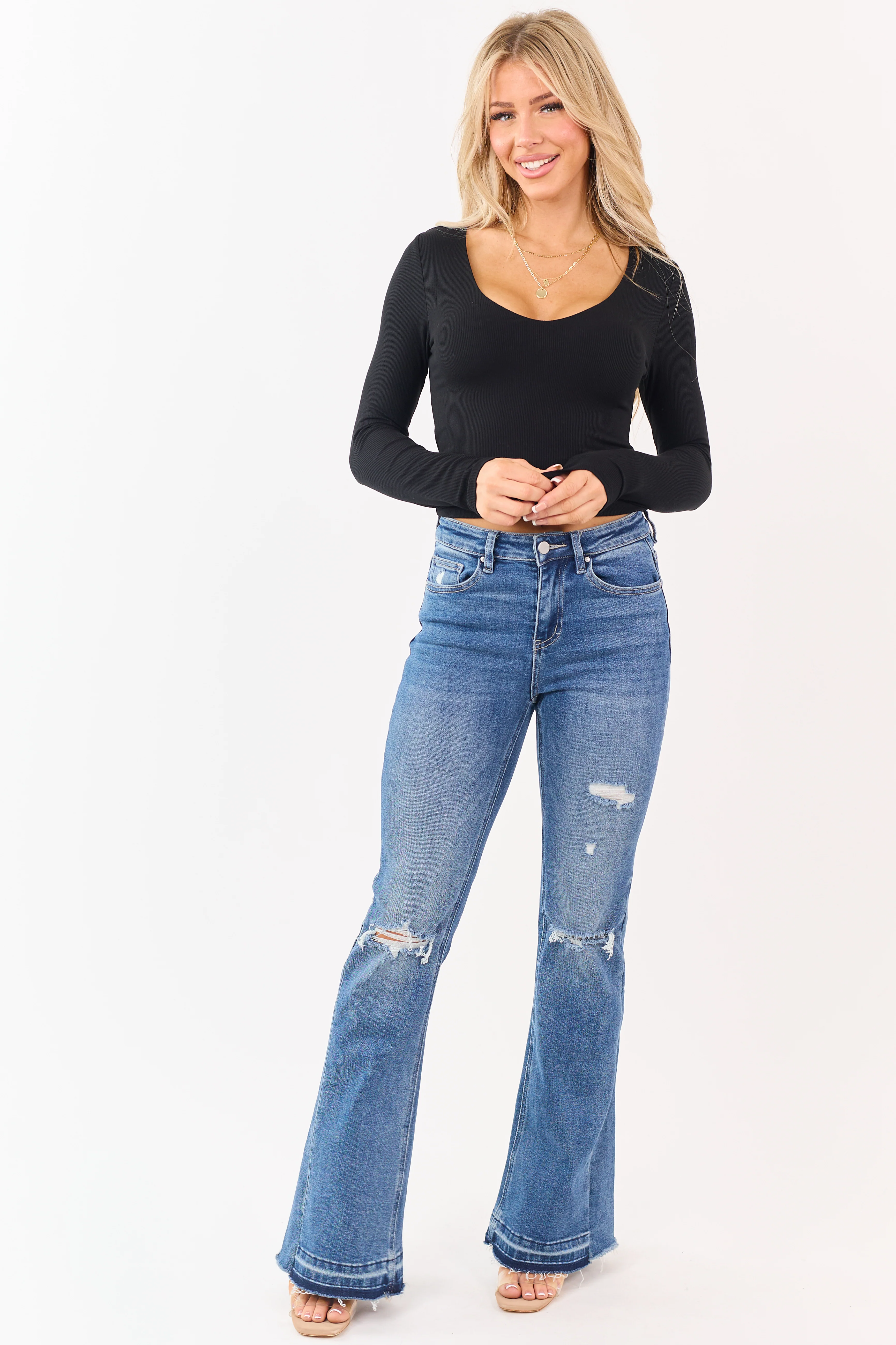 Black V-Neck Double Layer Rib Knit Crop Top - Image 2