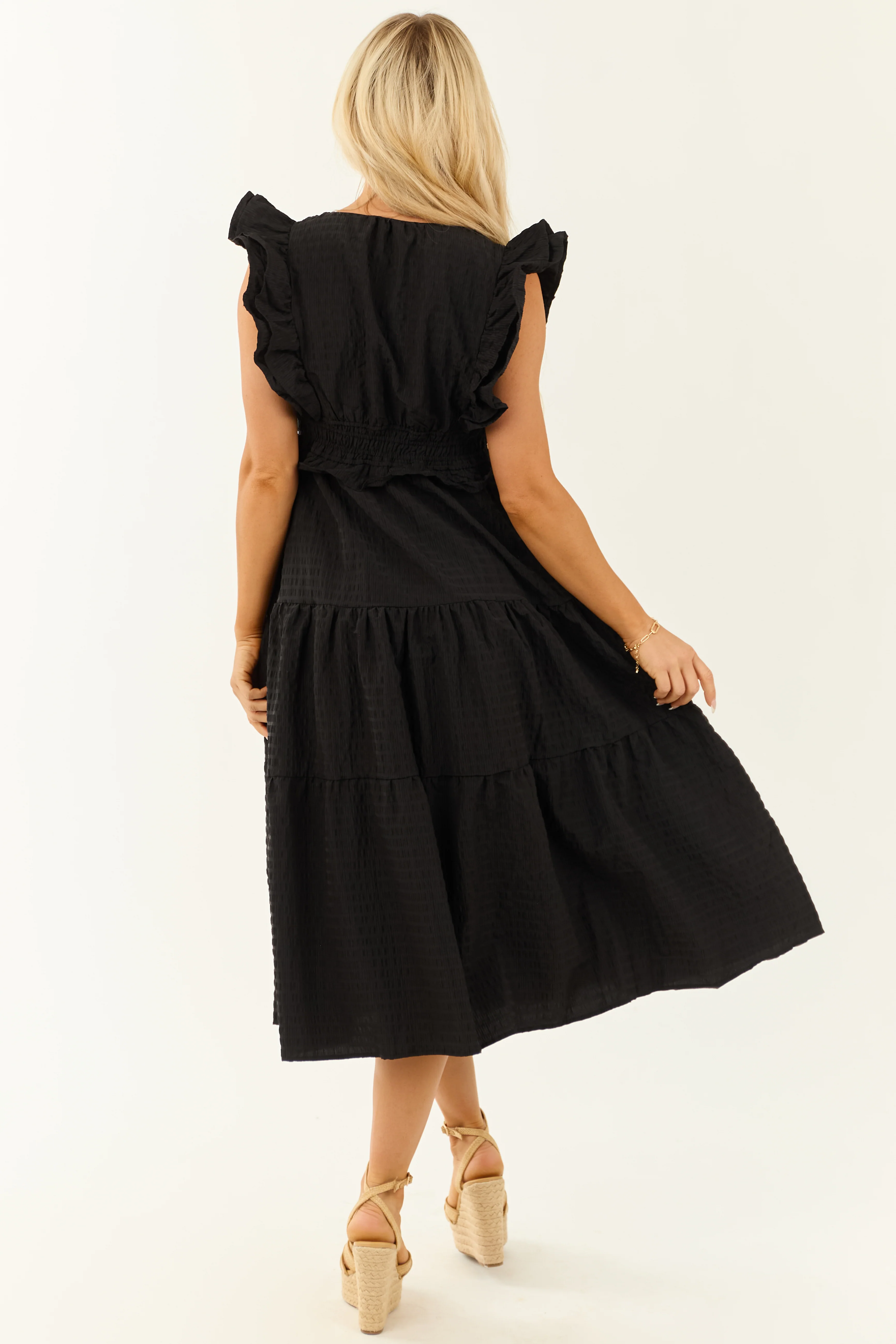 Black V Neck Smocked Waist Cap Sleeve Midi Dress - Image 6