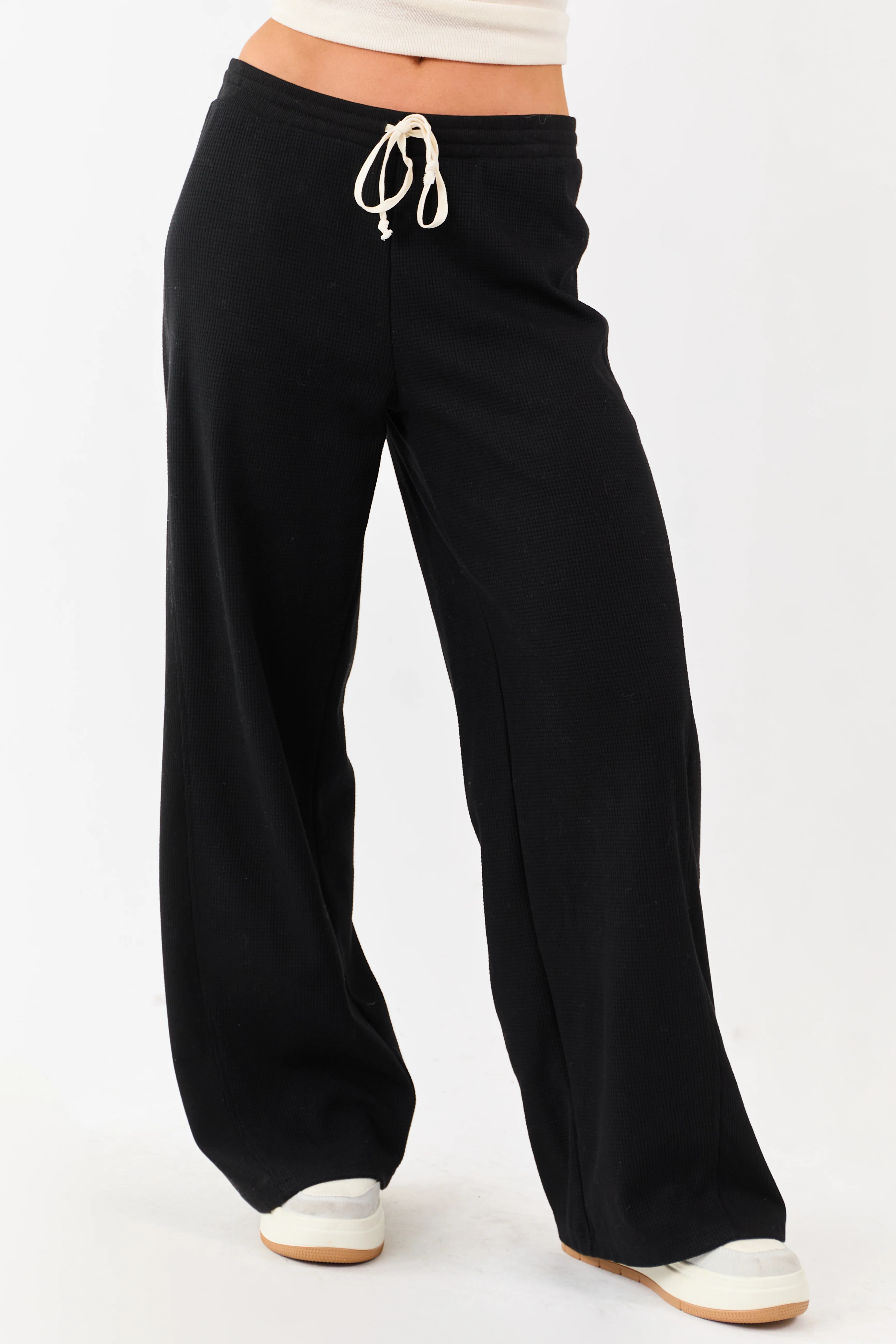 Black Waffle Knit Wide Leg Drawstring Pants - Image 2
