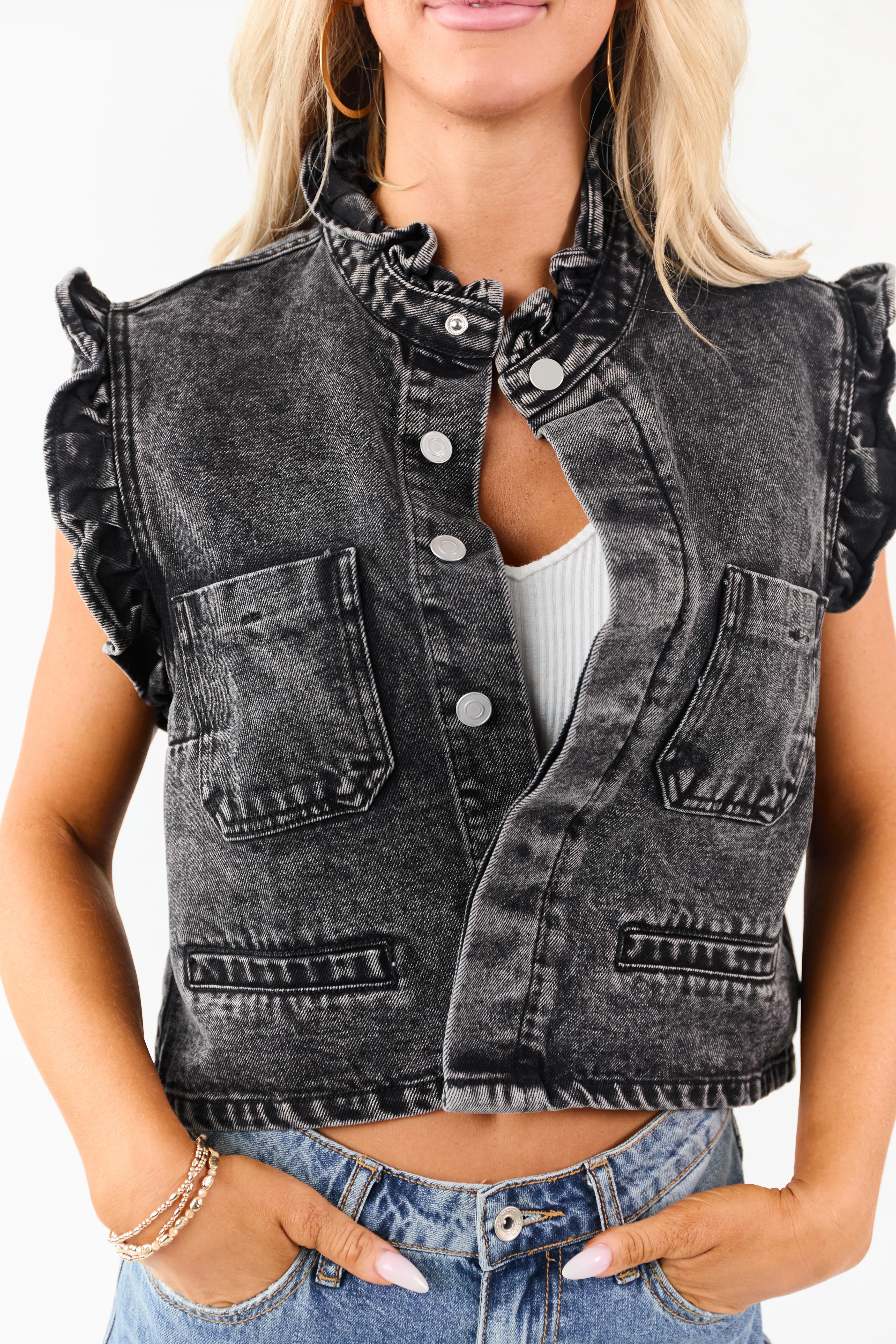 Black Washed Denim Button Up Ruffle Trim Vest - Image 6
