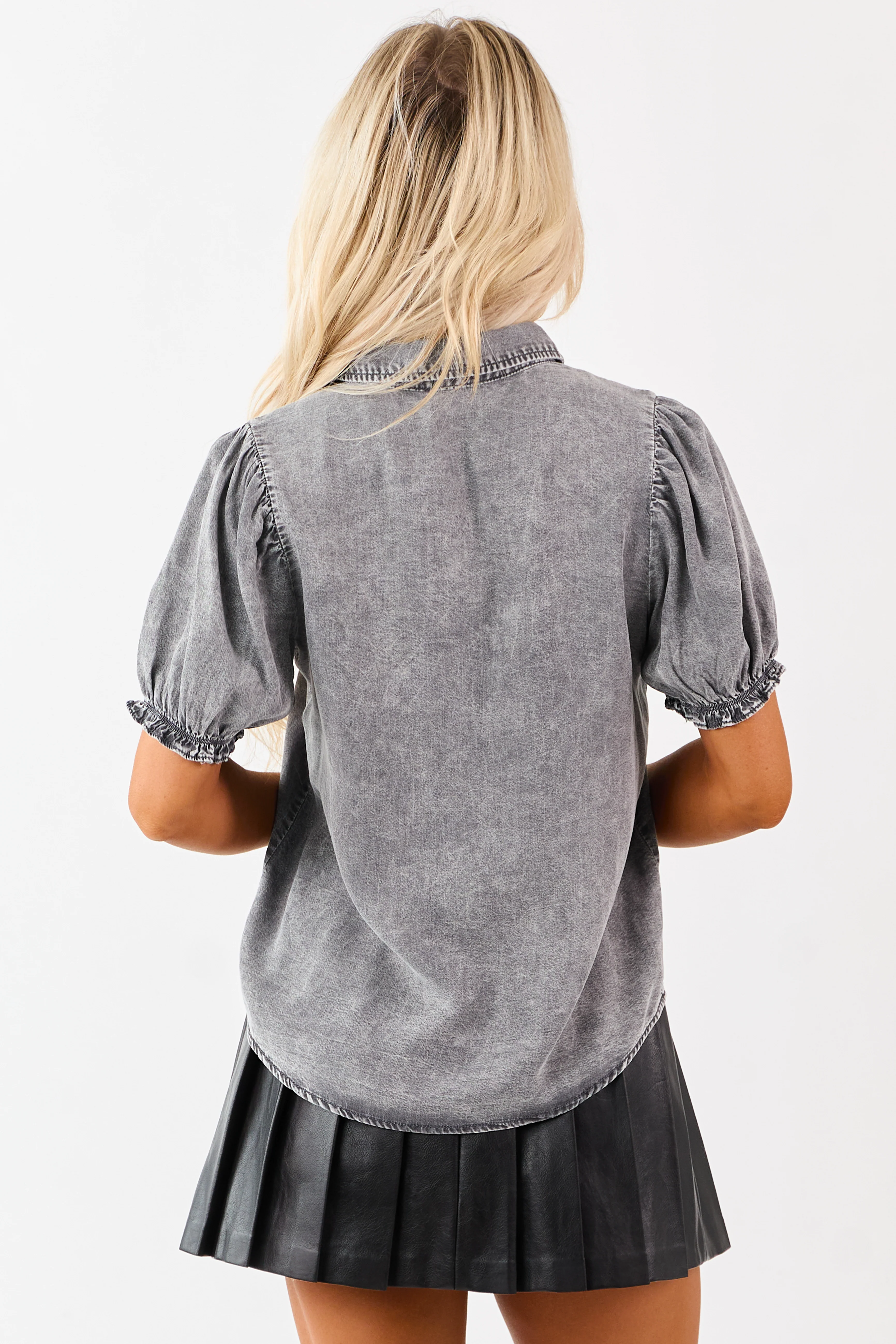 Black Washed Denim Puff Sleeve Button Up Top - Image 5